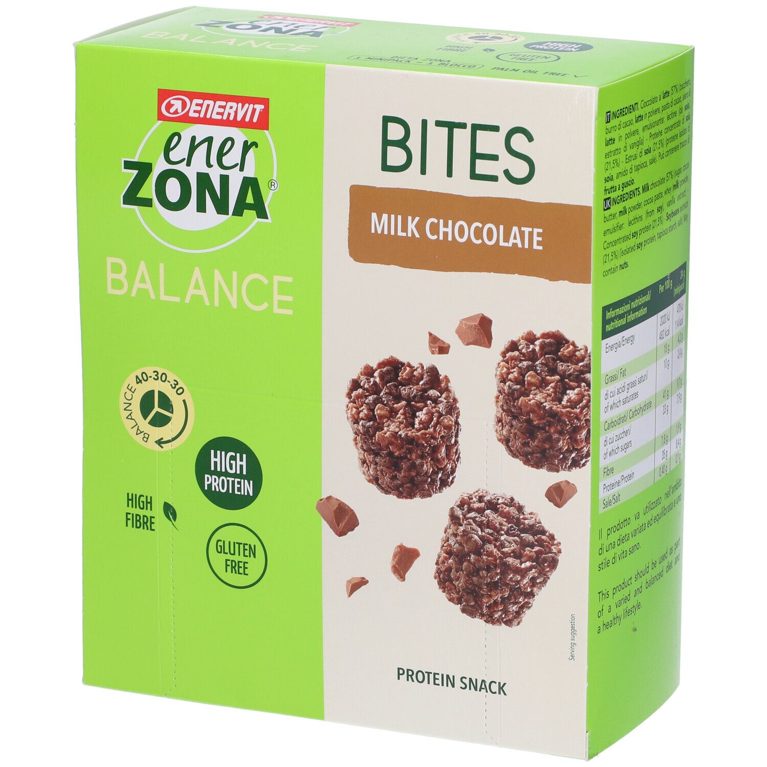 Boîte verte ENERVIT EnerZona Balance Bites au chocolat au lait. Inscriptions : High Fibre, High Protein, Gluten Free. 3 Bites sont représentés.