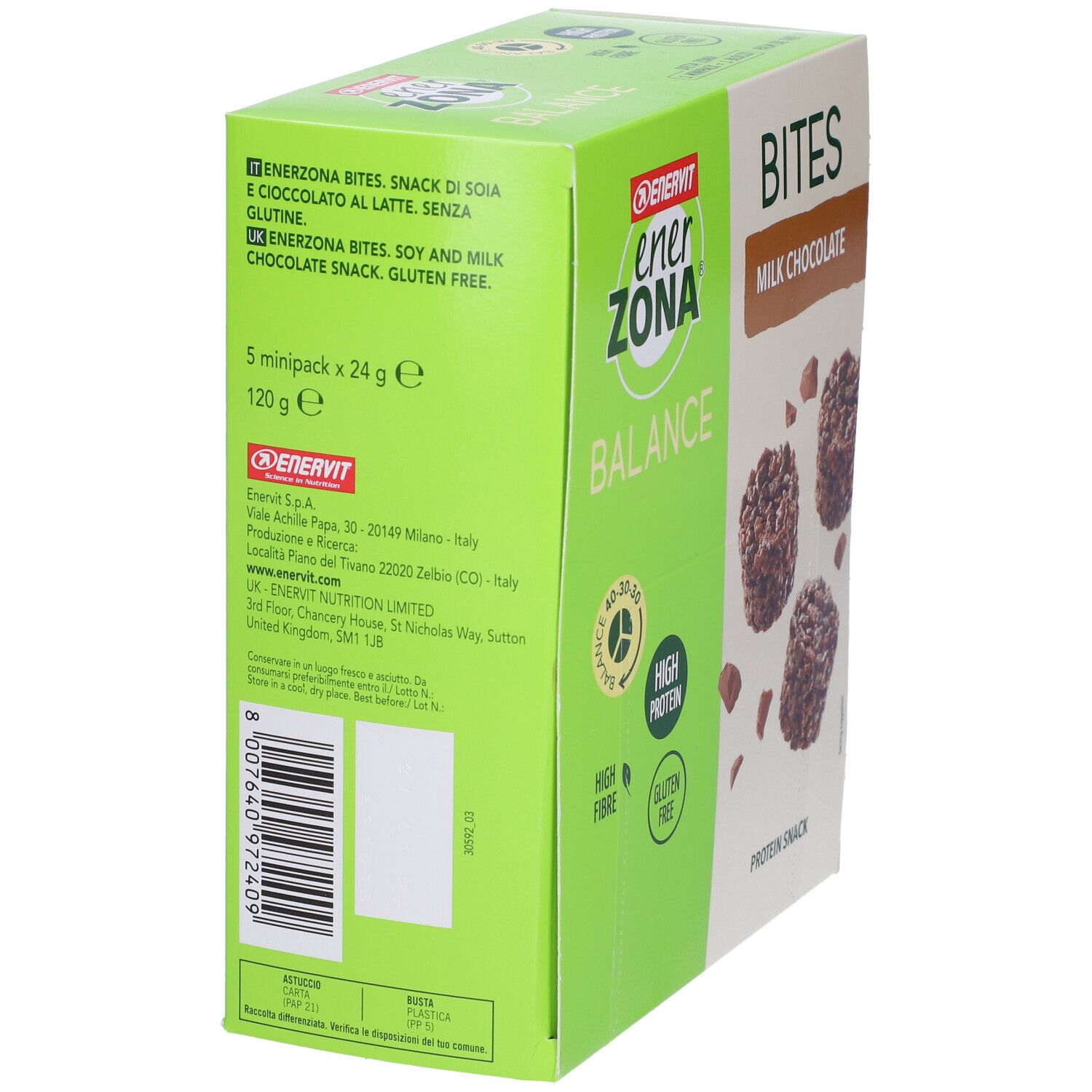 Boîte ENERVIT EnerZona Balance Bites. Dos avec texte en italien. Contient 5 mini-packs de 24g.