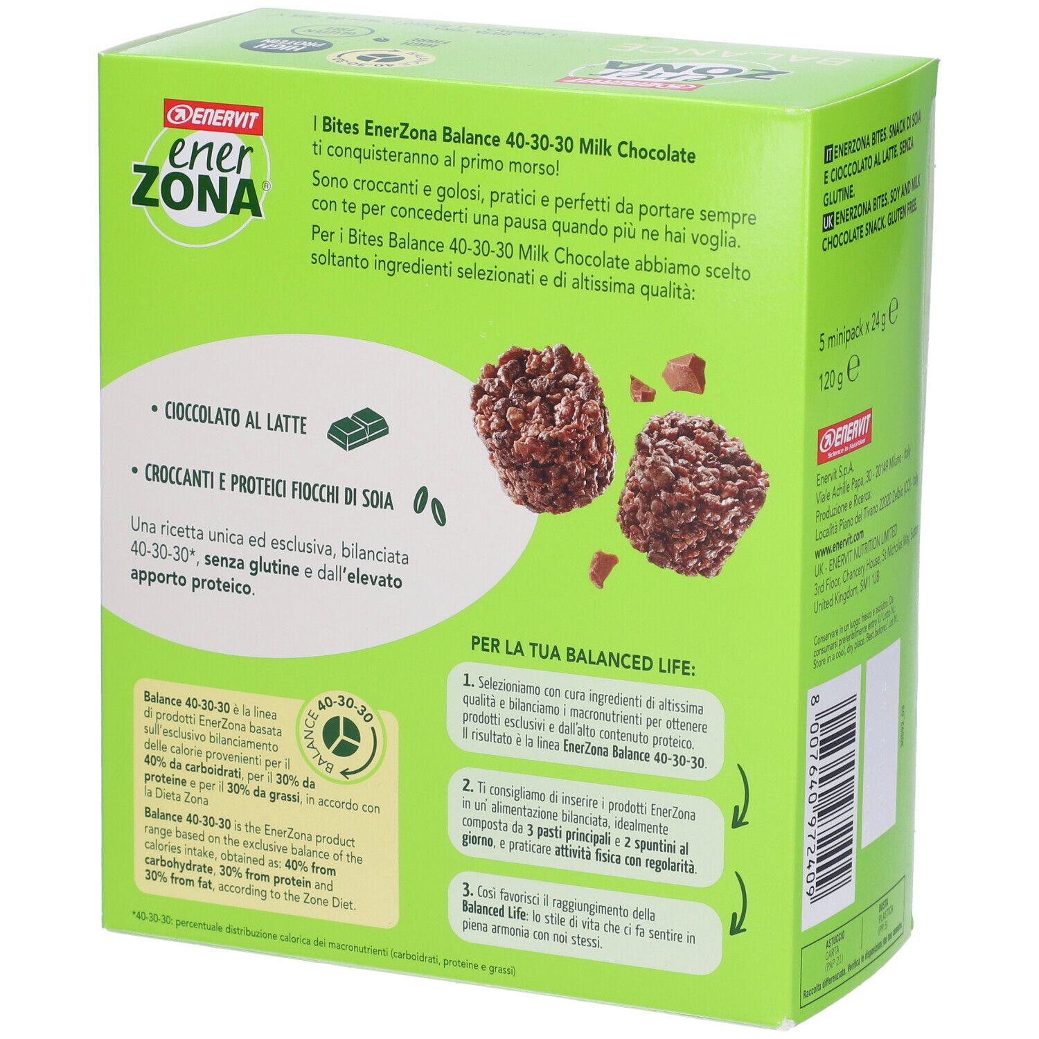 Dos de la boîte ENERVIT EnerZona Balance Bites. Texte en italien. Illustration des Bites et des ingrédients.