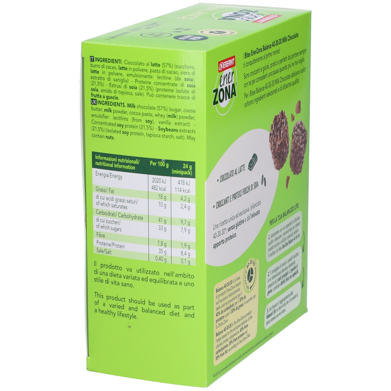 Boîte ENERVIT EnerZona Balance Bites. Côté avec informations nutritionnelles et liste des ingrédients en italien.