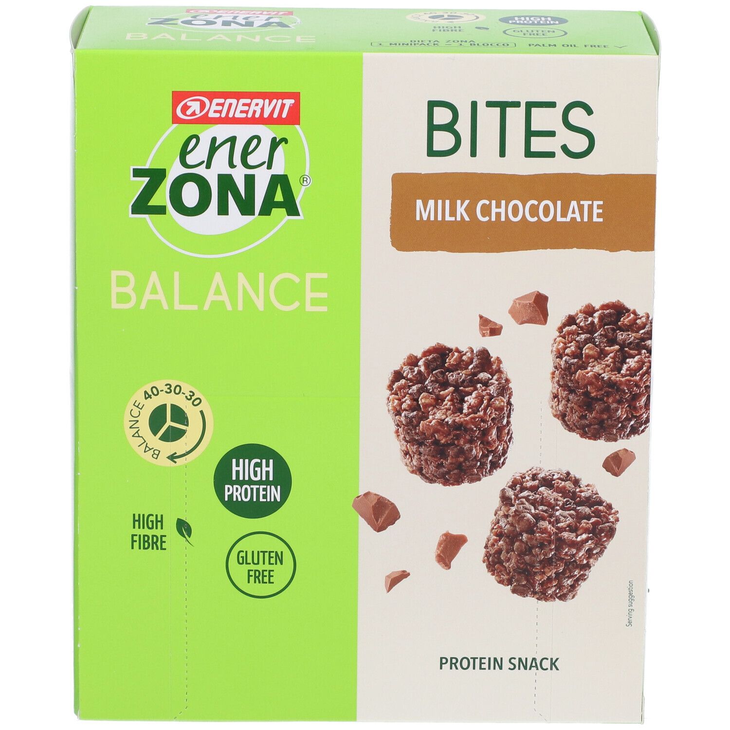 Boîte verte ENERVIT EnerZona Balance Bites au chocolat au lait. Inscriptions : High Fibre, High Protein, Gluten Free. 3 Bites sont représentés.