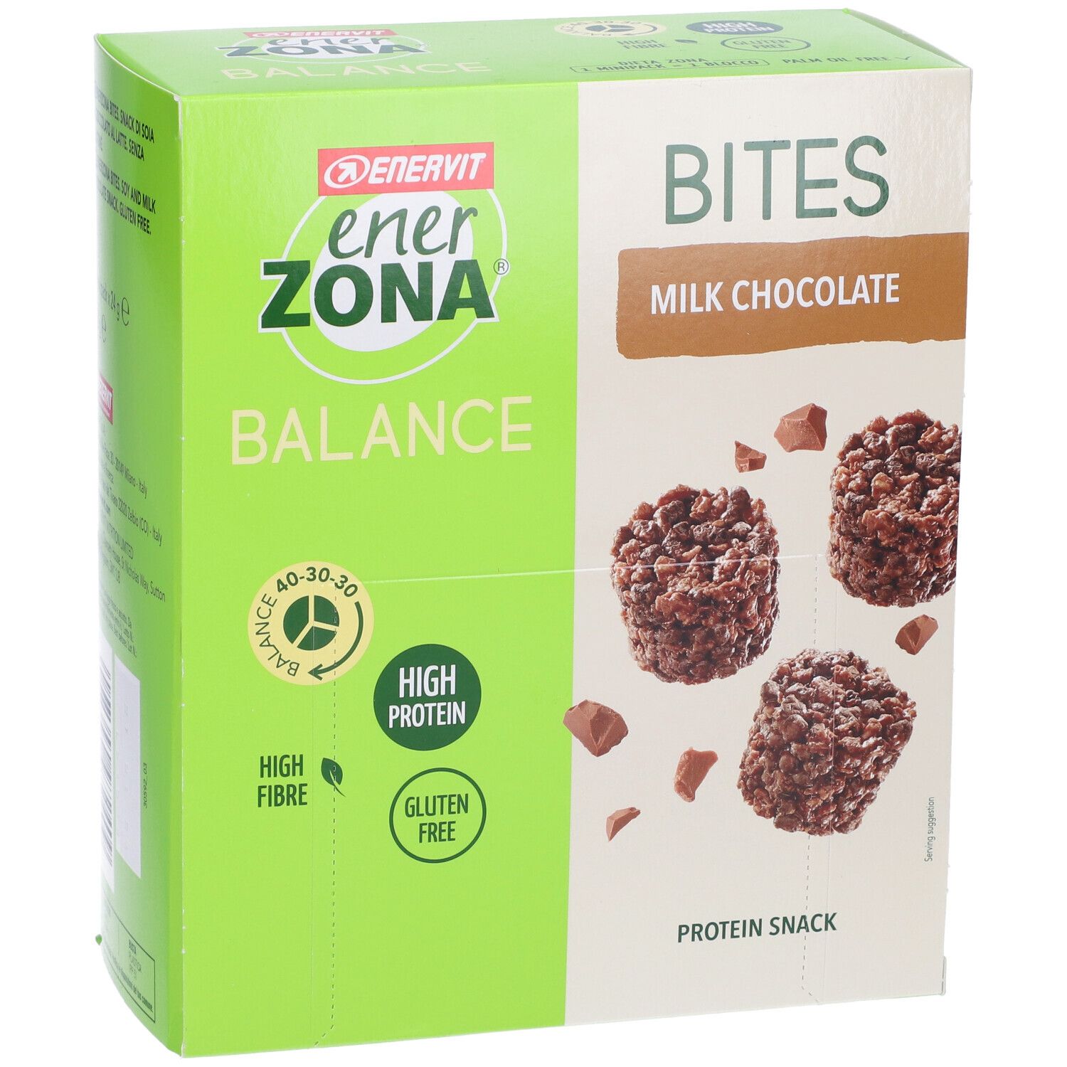Boîte verte ENERVIT EnerZona Balance Bites au chocolat au lait. Inscriptions : High Fibre, High Protein, Gluten Free. 3 Bites sont représentés.