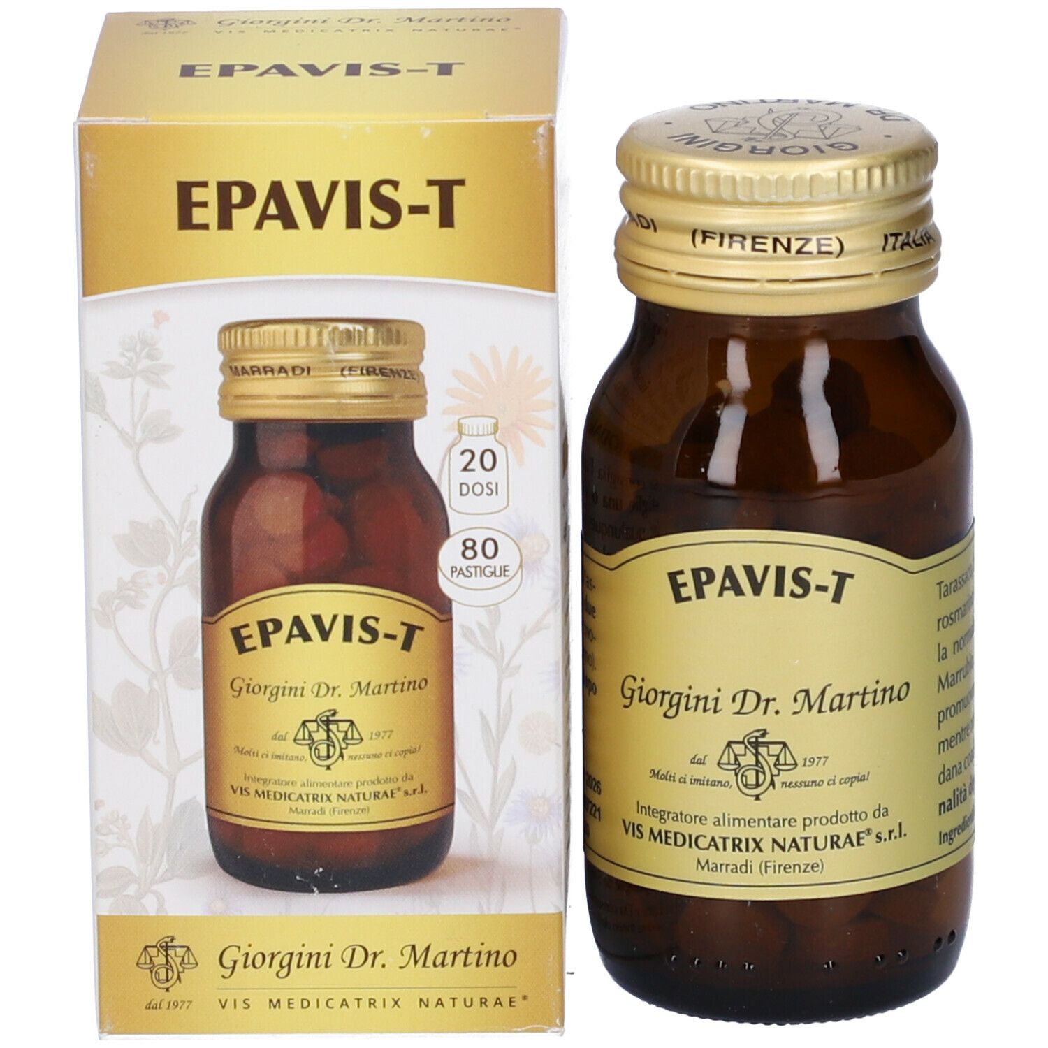 Due flaconi di Epavis-T con confezione. Flaconi in vetro marrone con tappi dorati ed etichette. Scritta: Epavis-T, Giorgini Dr. Martino.