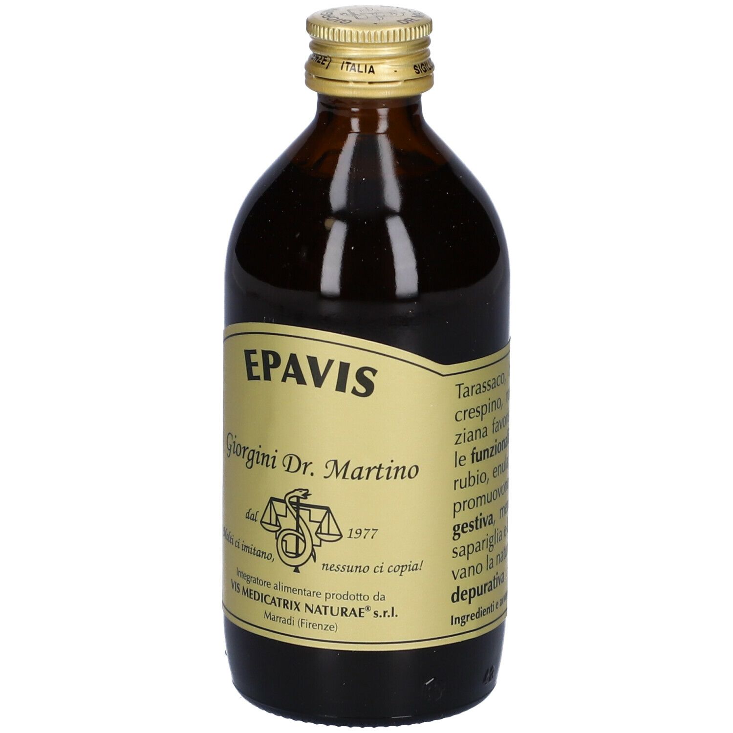 Bottiglia di vetro marrone con etichetta dorata. Scritta: Epavis, Giorgini Dr. Martino. Tappo dorato. Retro con testo.