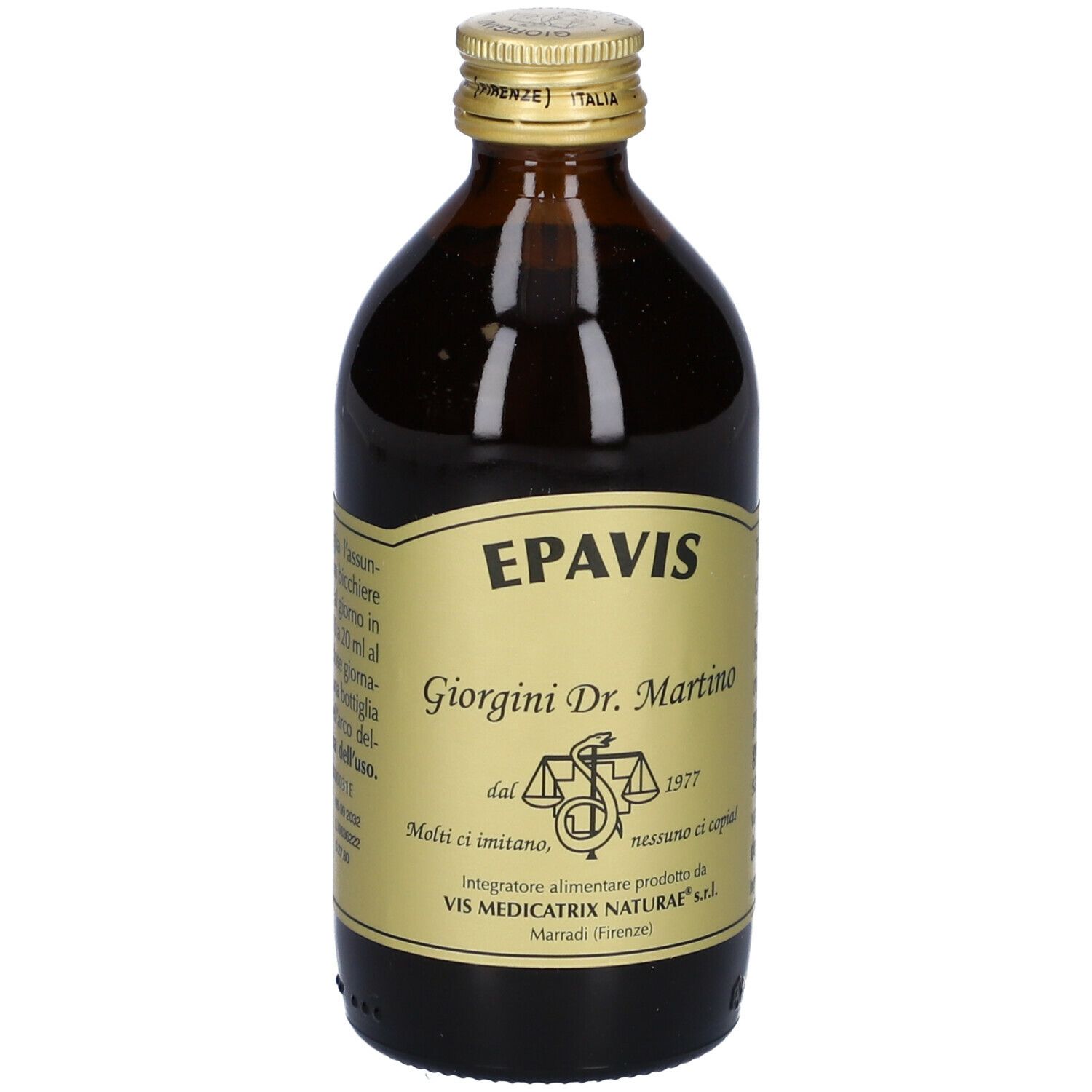 Bottiglia di vetro marrone con etichetta dorata. Scritta: Epavis, Giorgini Dr. Martino. Tappo dorato. Retro con testo.