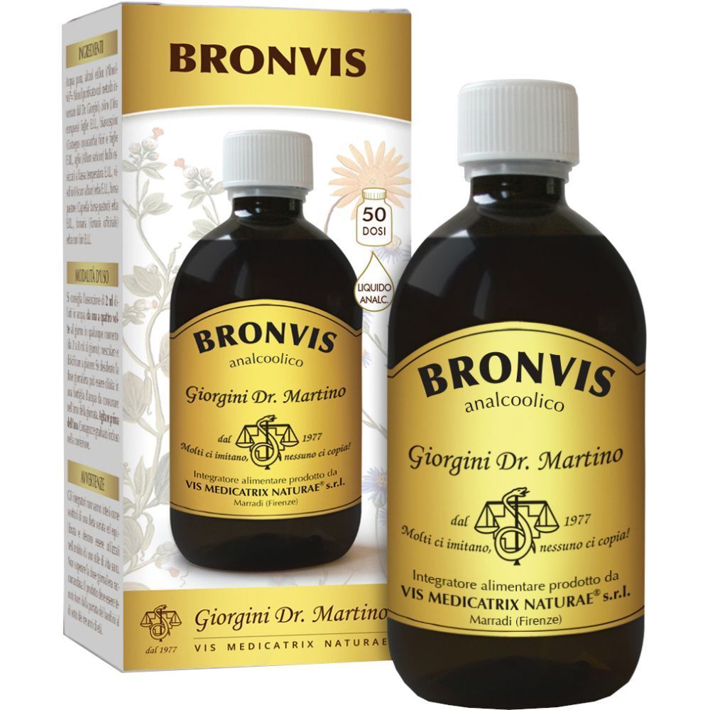 Flüssigkeit in einer braunen Flasche mit weißem Deckel und Karton. Aufschrift: Bronvis, Giorgini Dr. Martino.
