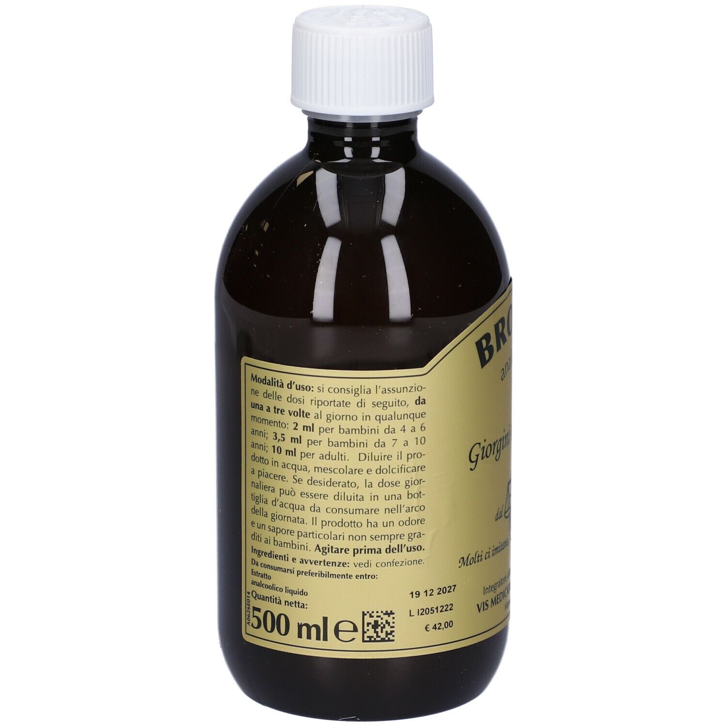 Braune Flüssigkeit in einer Flasche mit weißem Deckel. Aufschrift: Bronvis, Giorgini Dr. Martino, 500 ml.