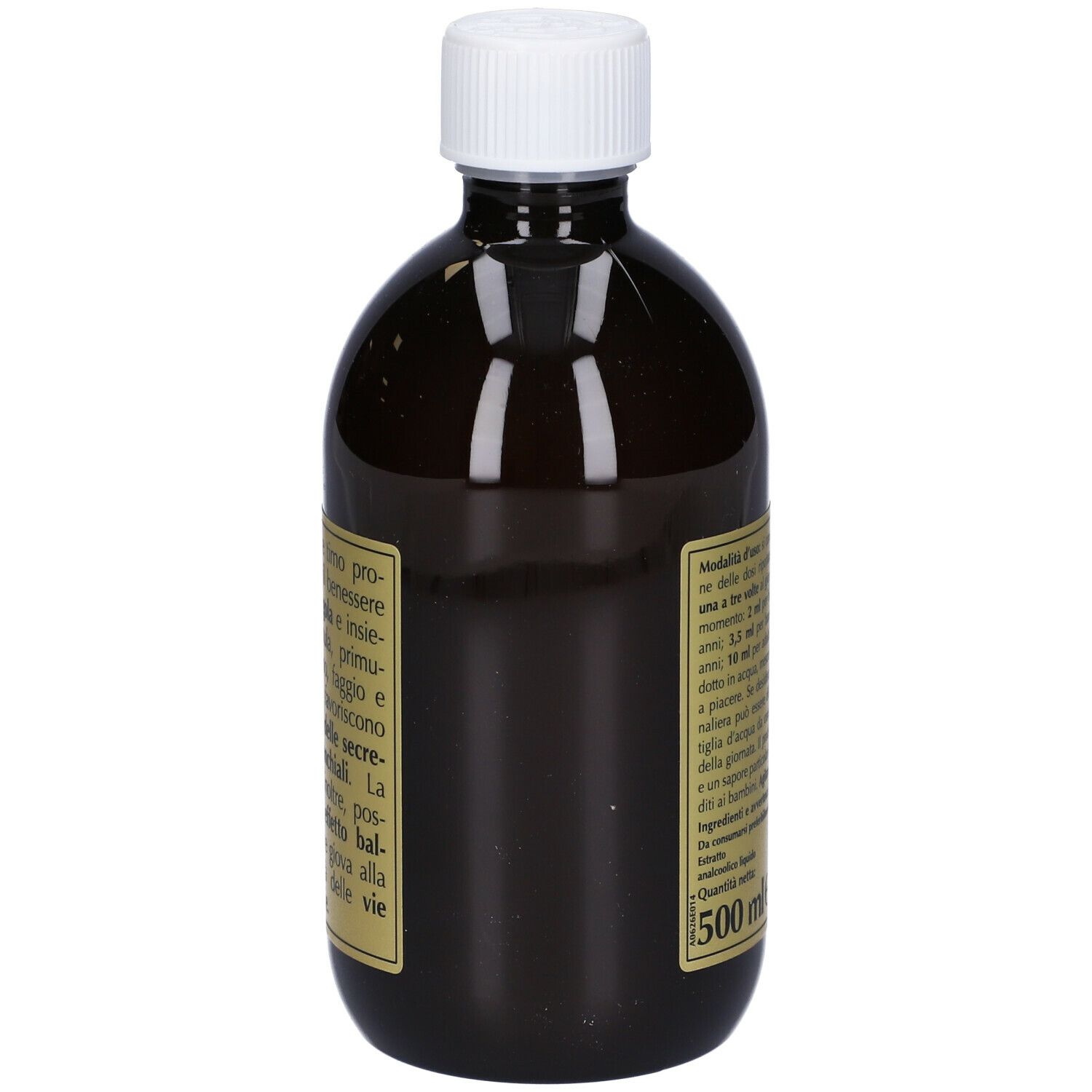 Braune Flüssigkeit in einer Flasche mit weißem Deckel. Aufschrift: Bronvis, Giorgini Dr. Martino, 500 ml.