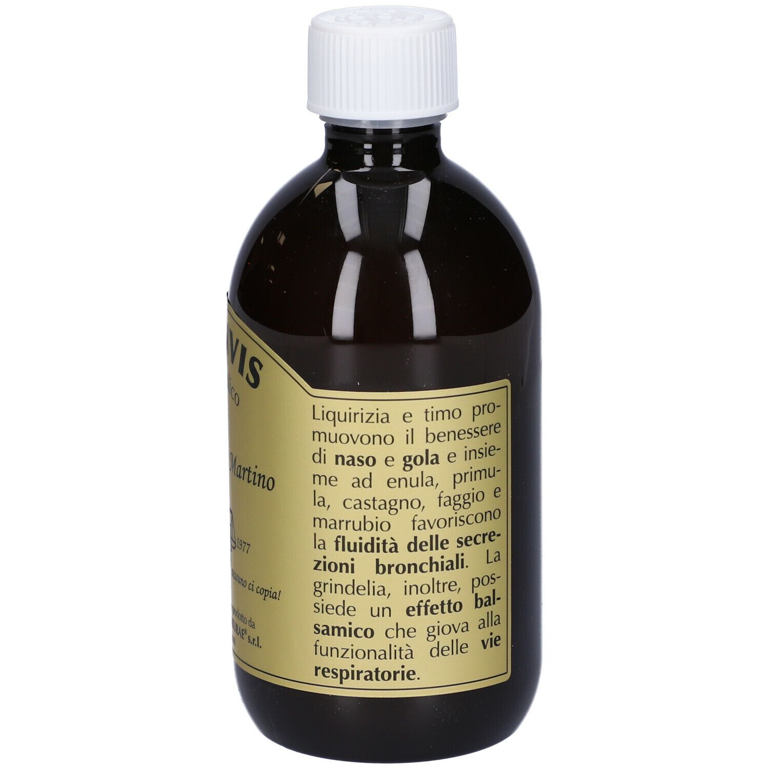 Braune Flüssigkeit in einer Flasche mit weißem Deckel. Aufschrift: Bronvis, Giorgini Dr. Martino, 500 ml.