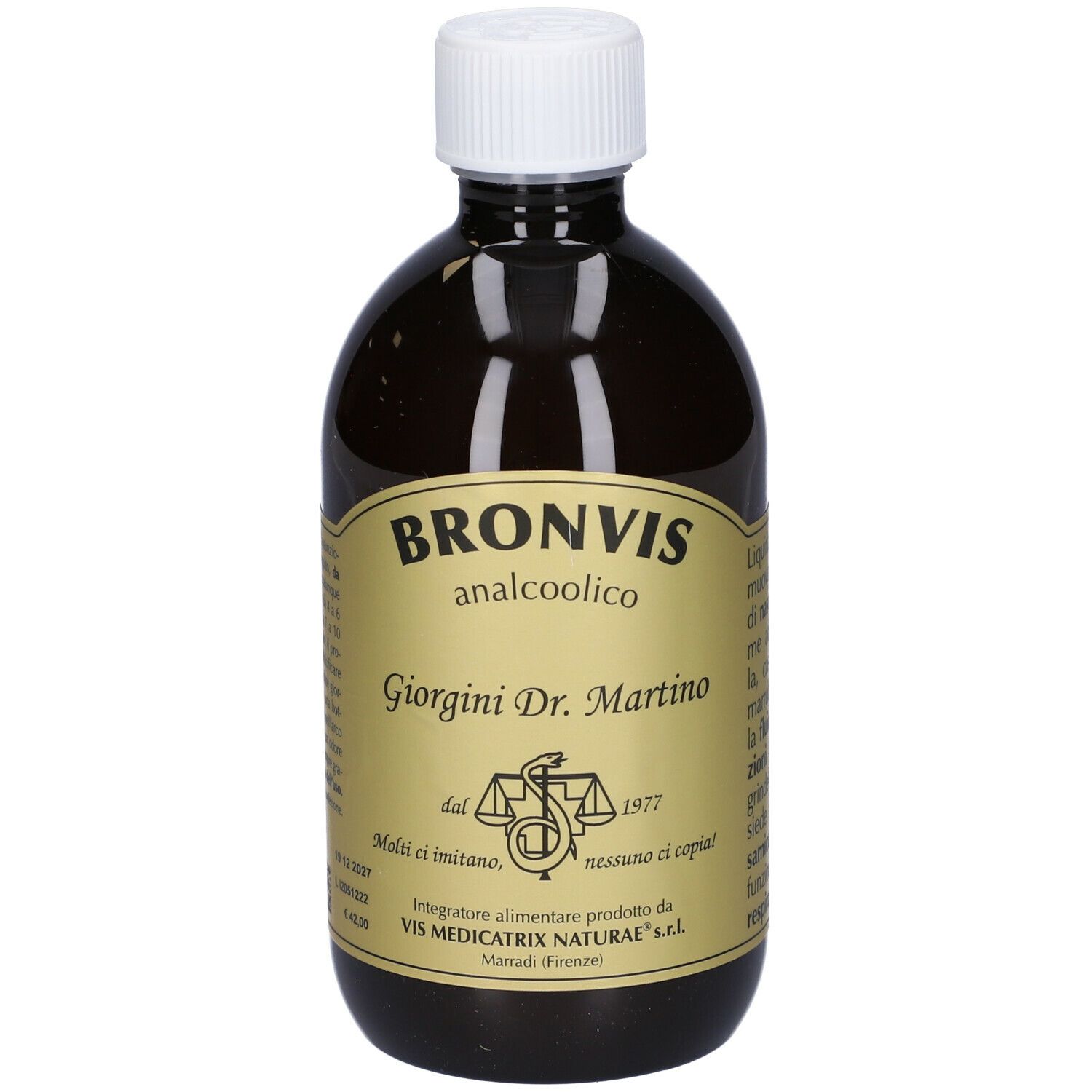 Braune Flüssigkeit in einer Flasche mit weißem Deckel. Aufschrift: Bronvis, Giorgini Dr. Martino, 500 ml.