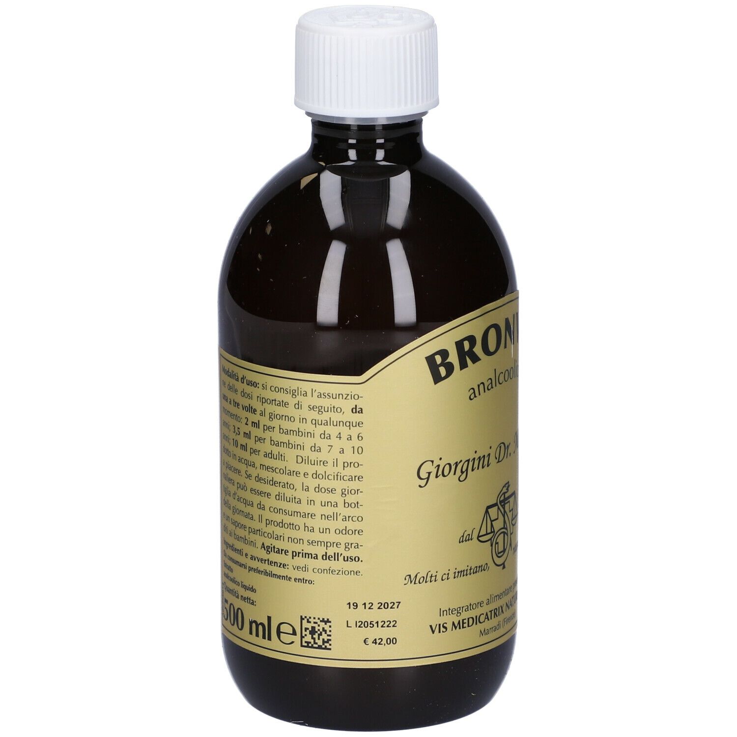 Braune Flüssigkeit in einer Flasche mit weißem Deckel. Aufschrift: Bronvis, Giorgini Dr. Martino, 500 ml.