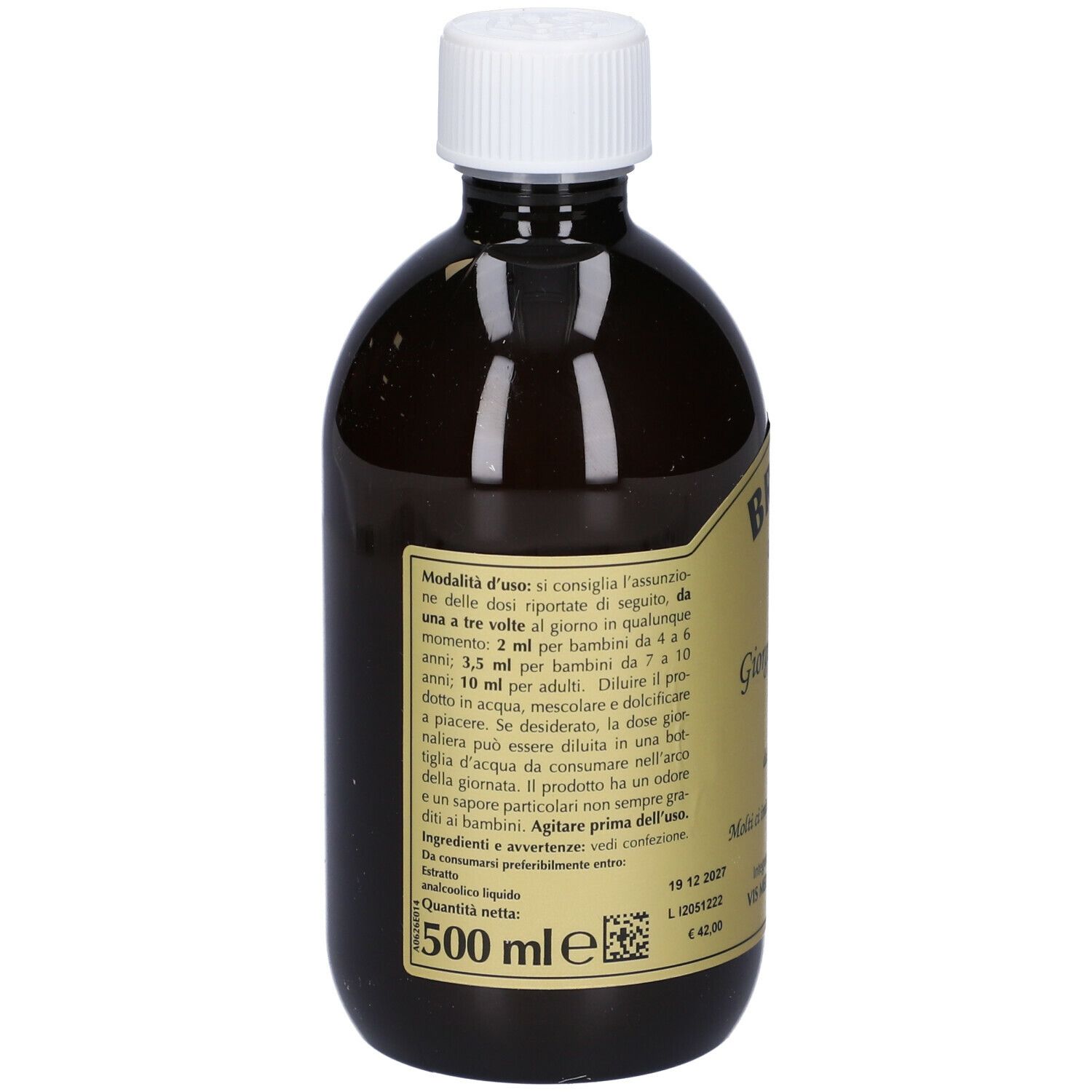 Braune Flüssigkeit in einer Flasche mit weißem Deckel. Aufschrift: Bronvis, Giorgini Dr. Martino, 500 ml.