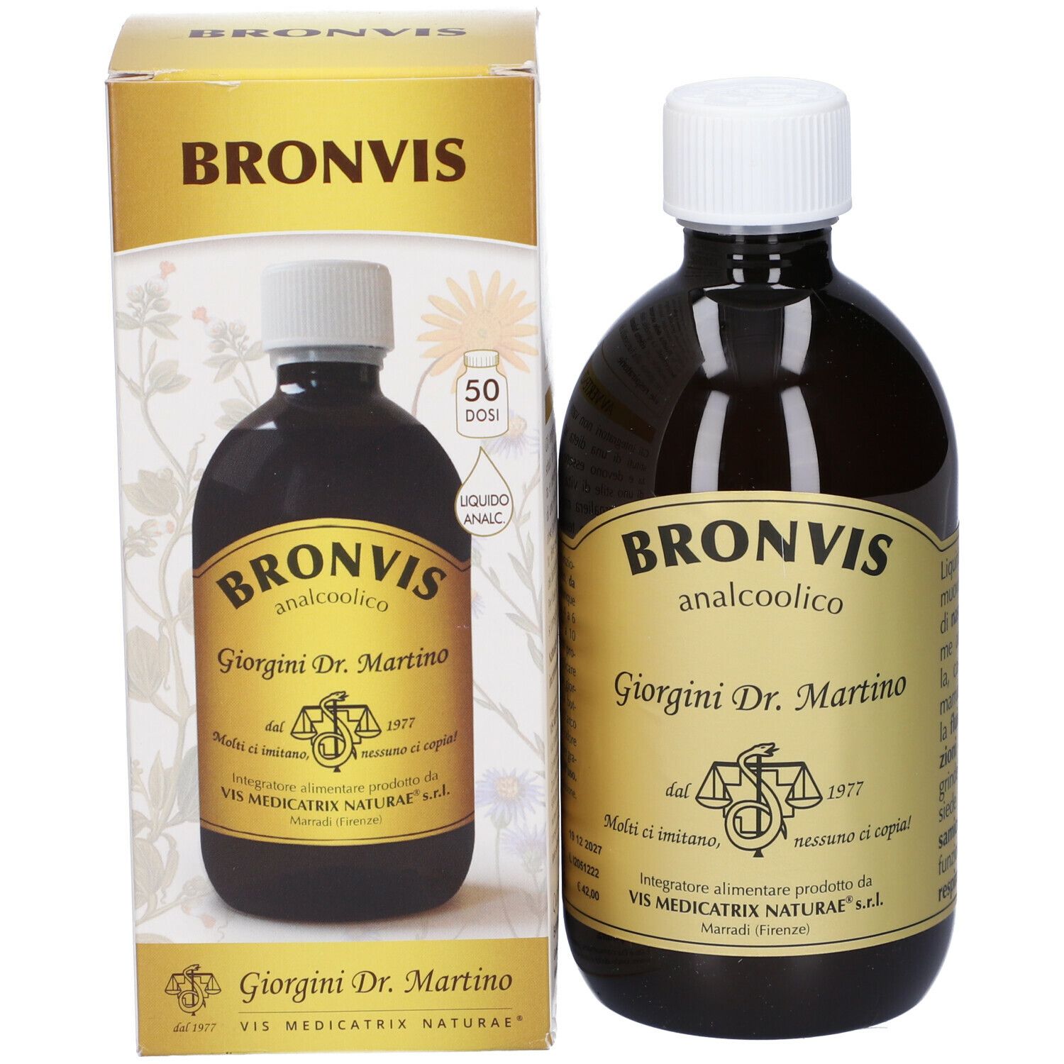Flüssigkeit in einer braunen Flasche mit weißem Deckel und Karton. Aufschrift: Bronvis, Giorgini Dr. Martino.