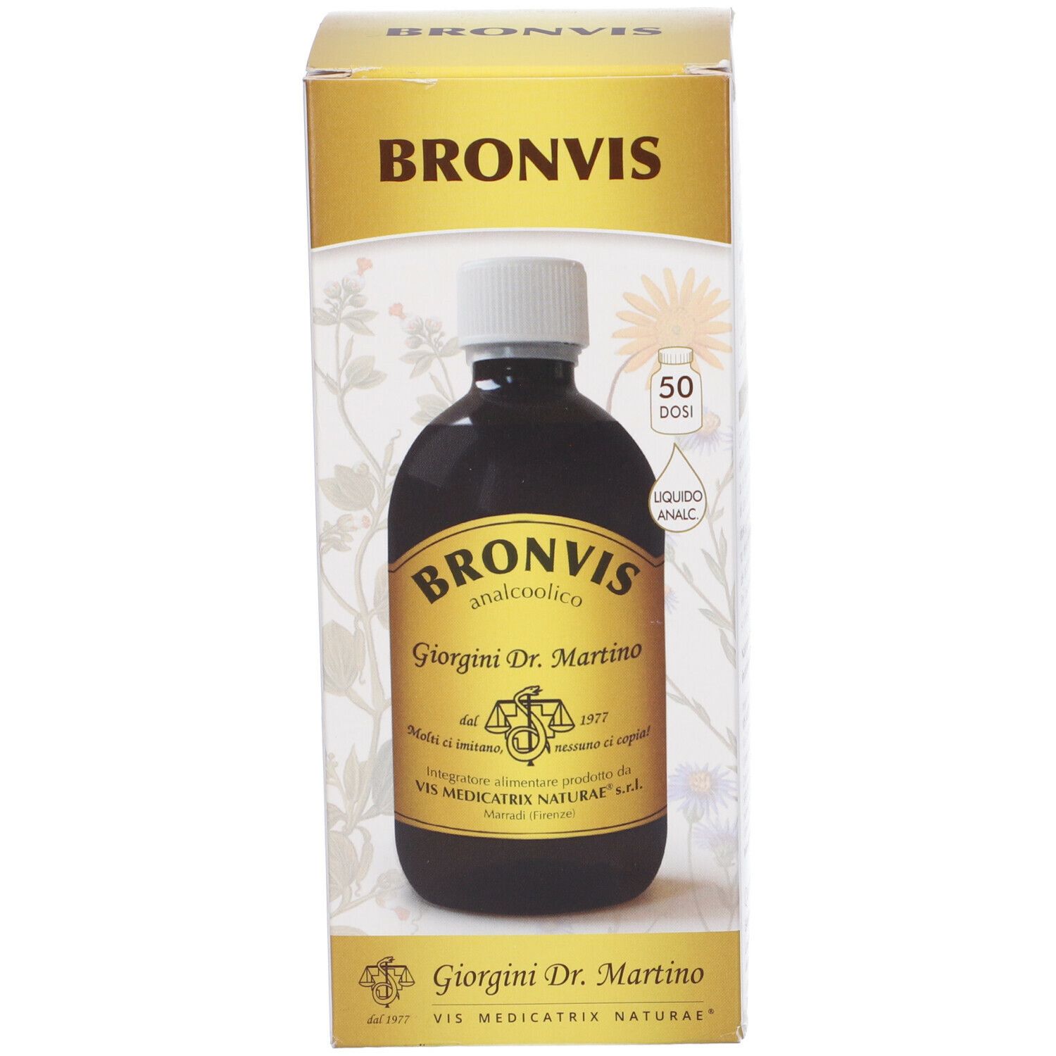 Flüssigkeit in einer braunen Flasche mit weißem Deckel und Karton. Aufschrift: Bronvis, Giorgini Dr. Martino.