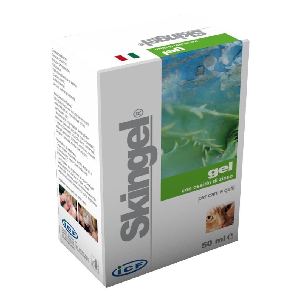 Confezione di Skingel. Scritta "Skingel" e "gel con ossido di zinco per cani e gatti". Contiene 50 ml.