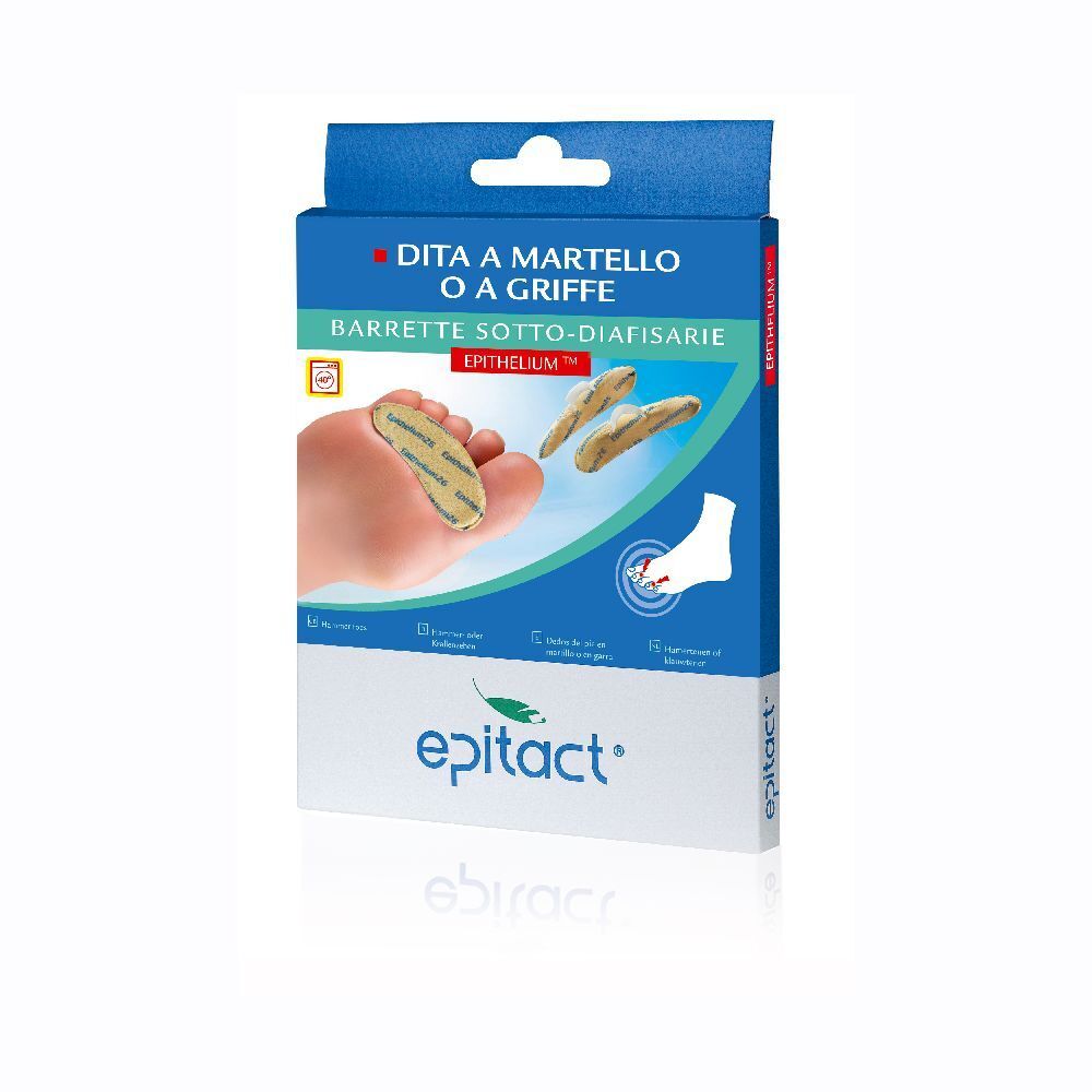 Verpackung mit Fußschutz. Blaue Schachtel mit Produktabbildung und Epitact-Logo. Text: Dita a martello o a griffe.