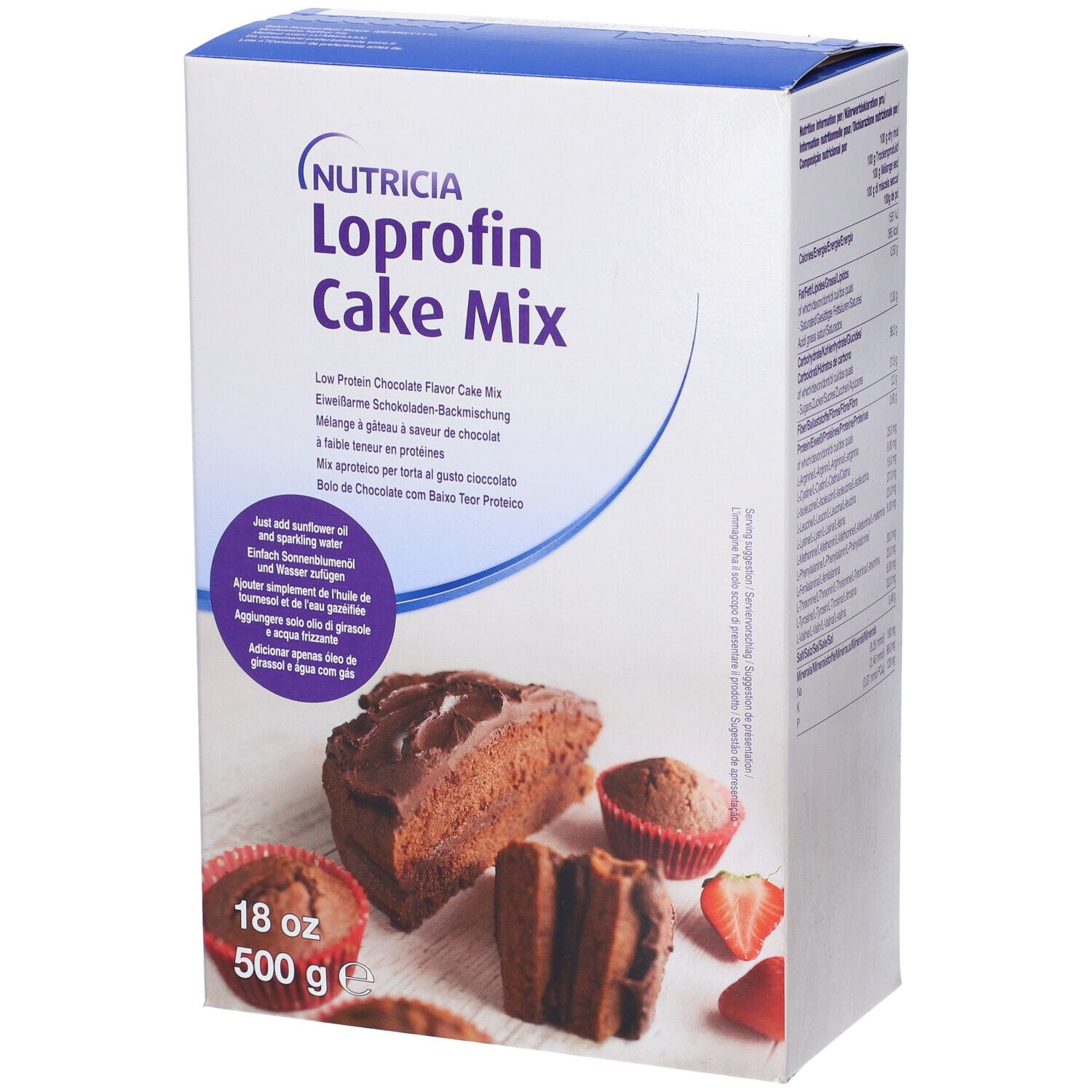 Loprofin Cake Mix, miscela per torta al cioccolato. Scatola con torta e fragole. 500g.