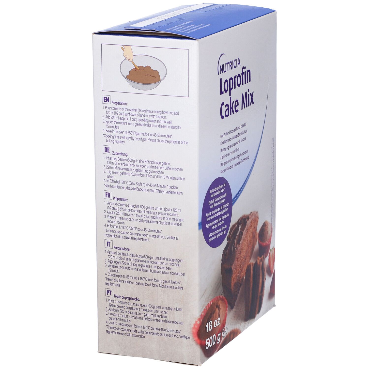 Loprofin Cake Mix, retro della confezione. Istruzioni in più lingue. 500g.