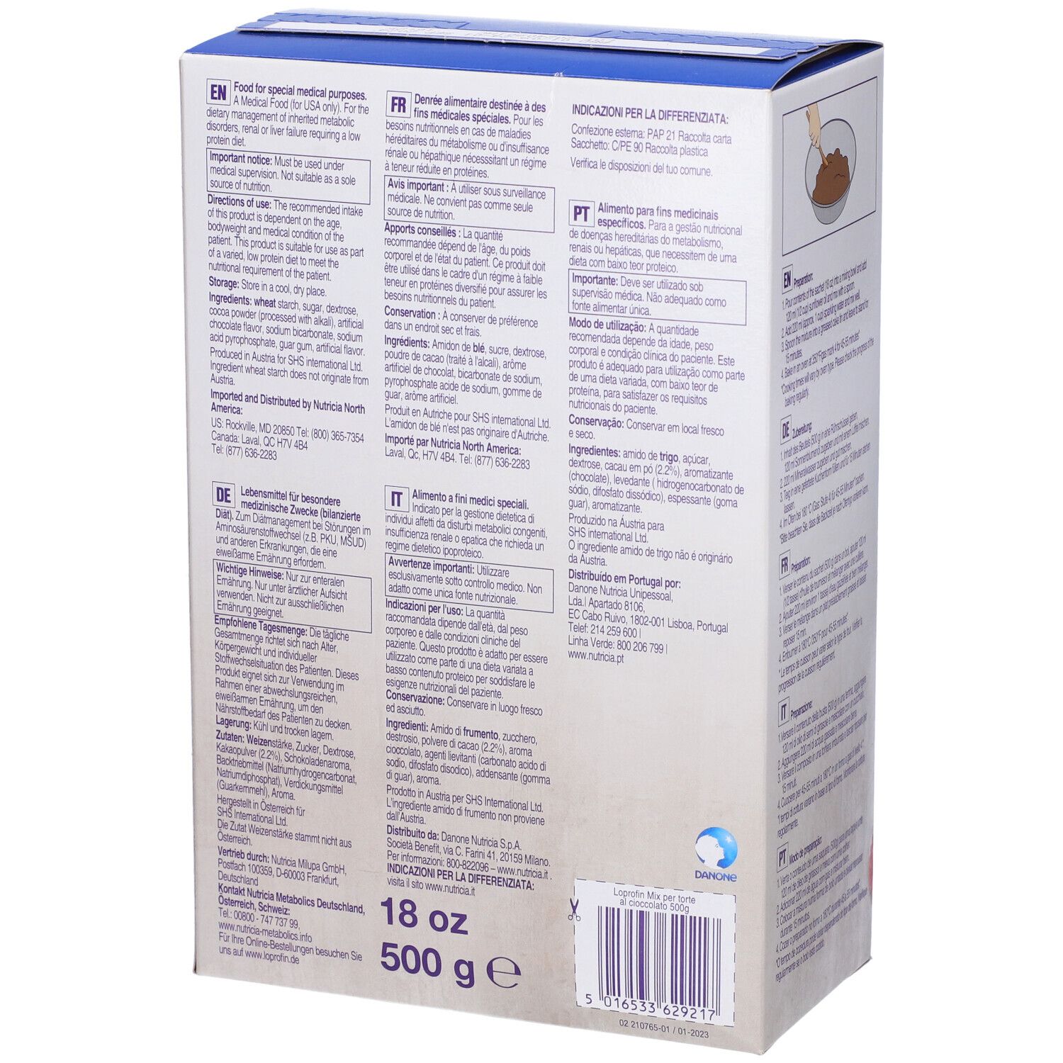 Loprofin Cake Mix, retro della confezione. Informazioni per scopi medici. 500g.