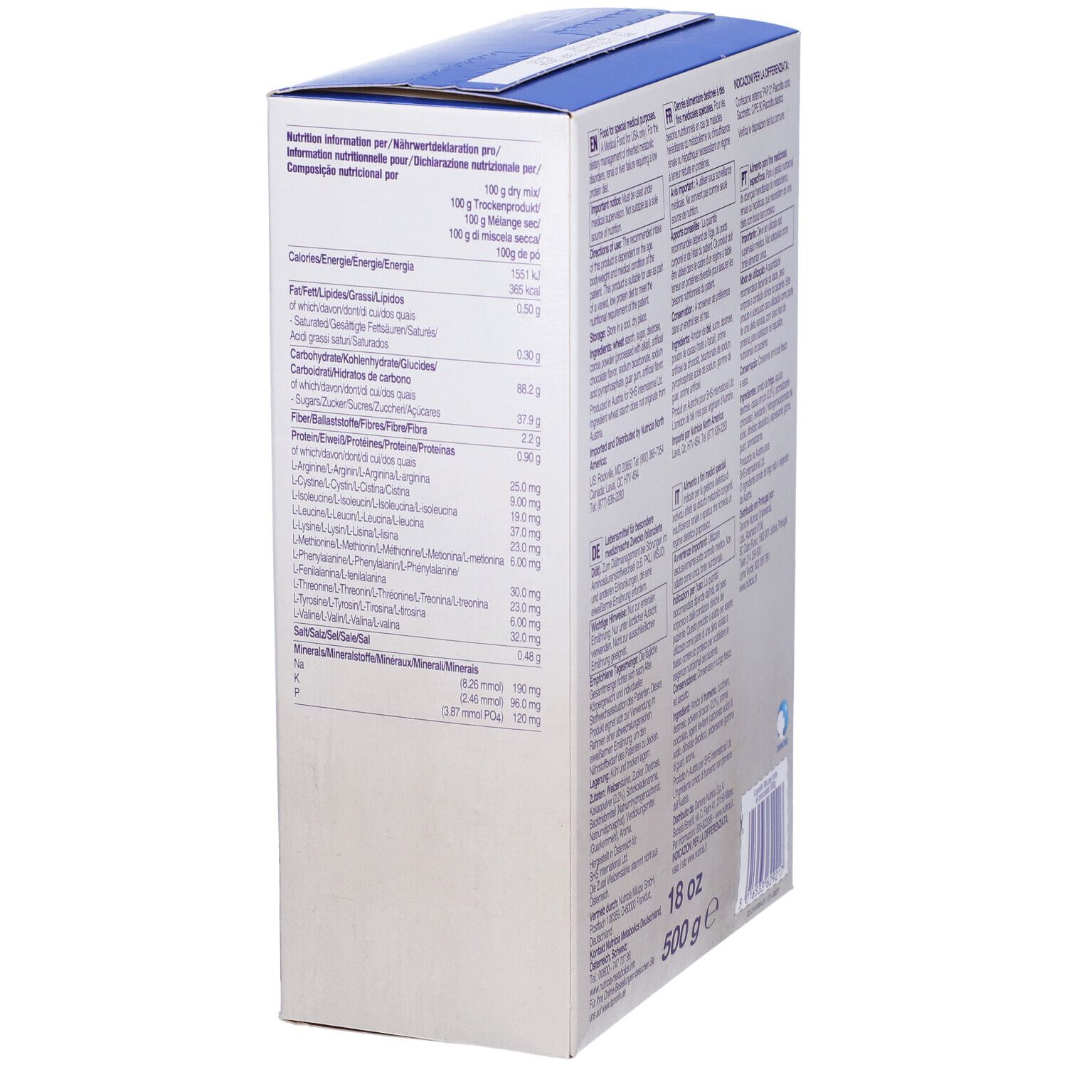 Loprofin Cake Mix, retro della confezione. Informazioni nutrizionali. 500g.