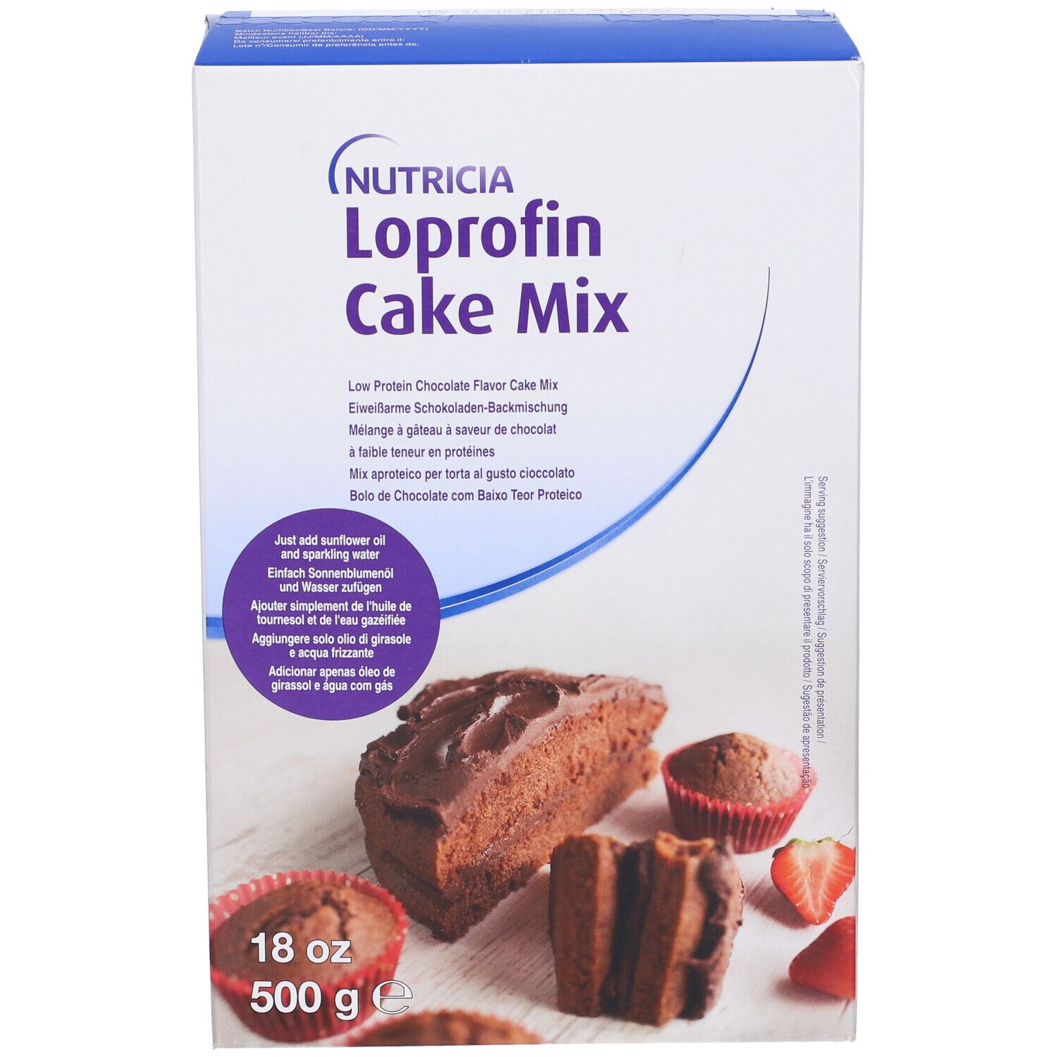 Loprofin Cake Mix, miscela per torta al cioccolato. Scatola con torta e fragole. 500g.