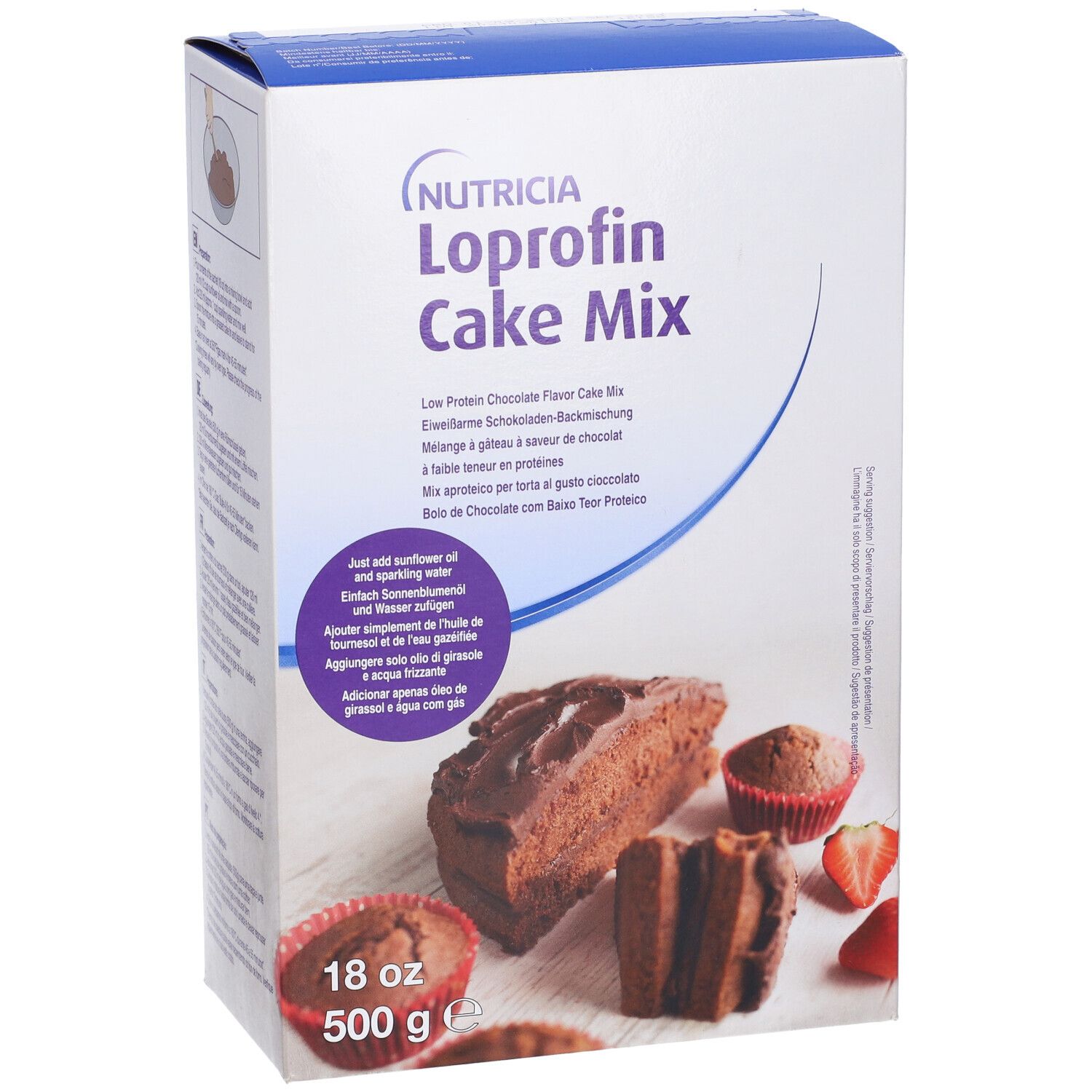 Loprofin Cake Mix, miscela per torta al cioccolato. Scatola con torta e fragole. 500g.