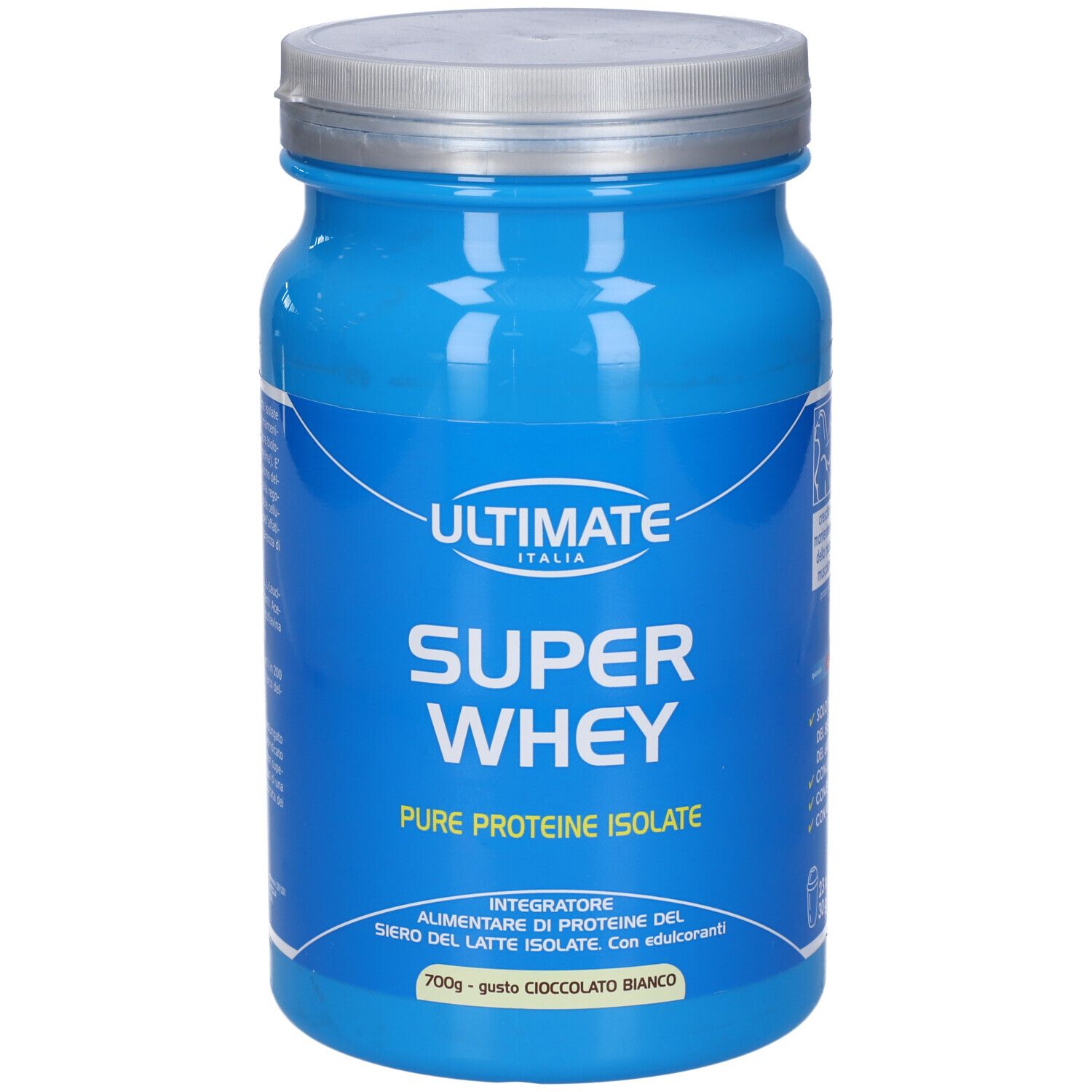 Barattolo blu con coperchio argentato. Scritta: ULTIMATE ITALIA, SUPER WHEY, Pure Proteine Isolate. 700g, gusto Cioccolato Bianco.