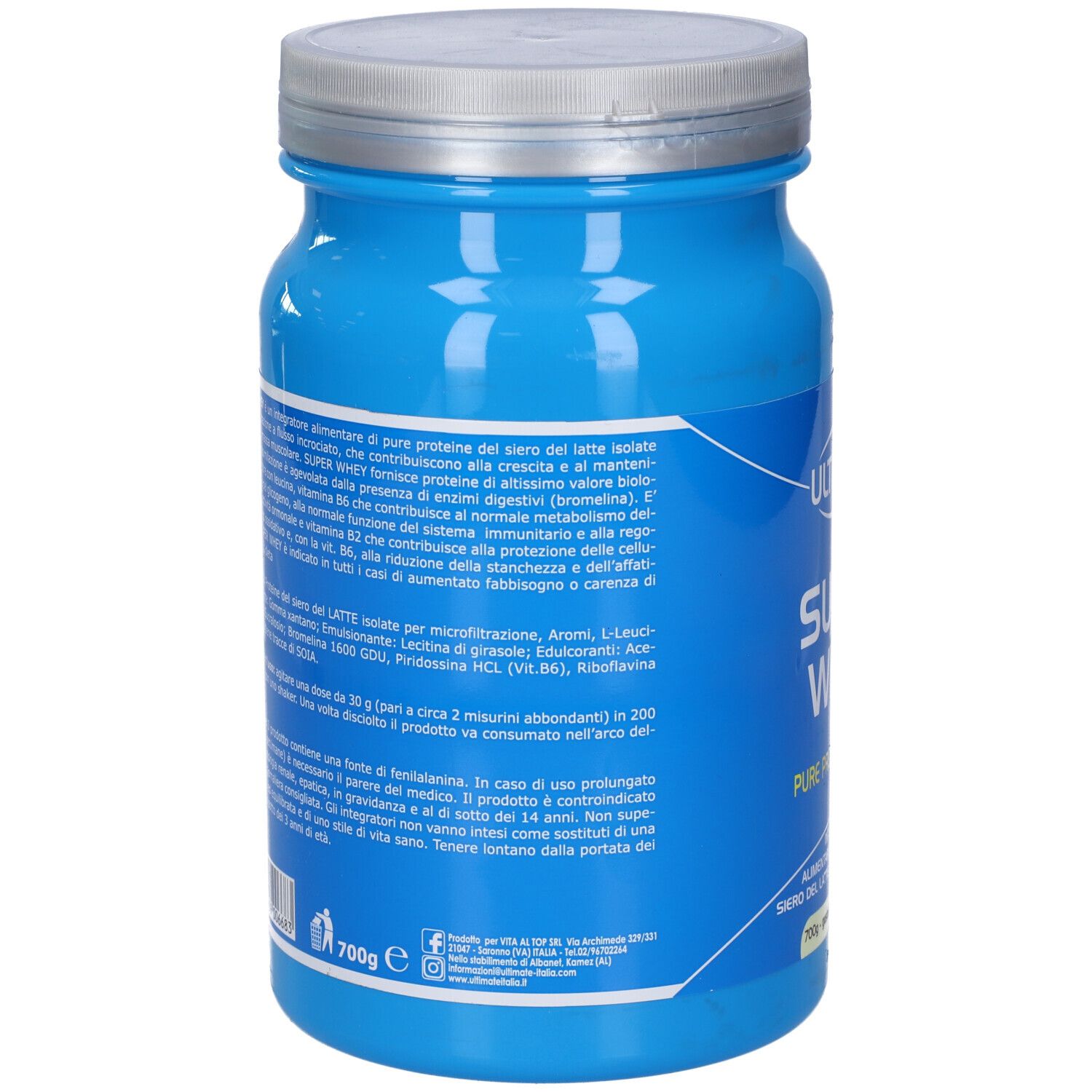 Barattolo blu con coperchio argentato. Retro con testo. Scritta: SUPER WHEY, 700g e.