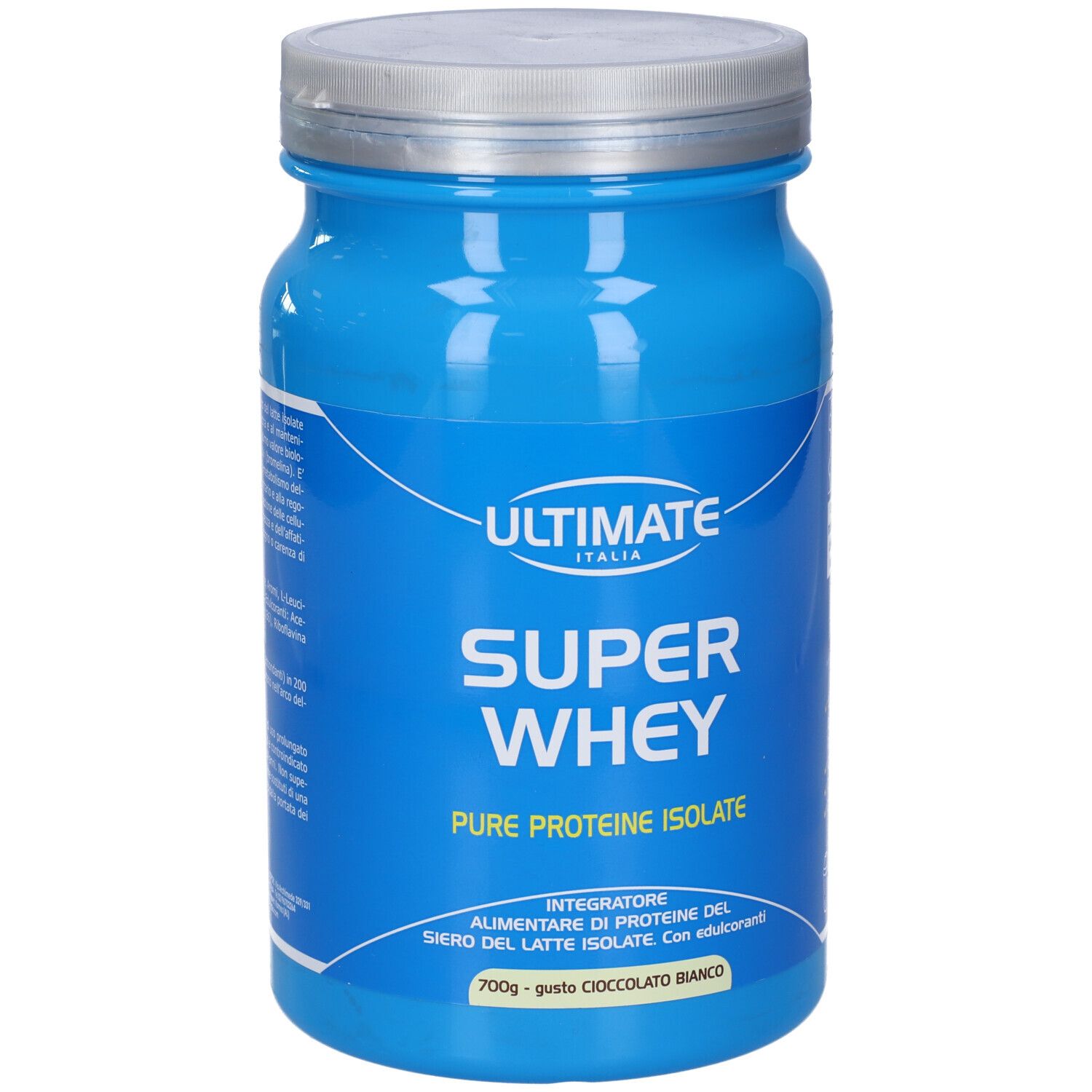 Barattolo blu con coperchio argentato. Scritta: ULTIMATE ITALIA, SUPER WHEY, Pure Proteine Isolate. 700g, gusto Cioccolato Bianco.