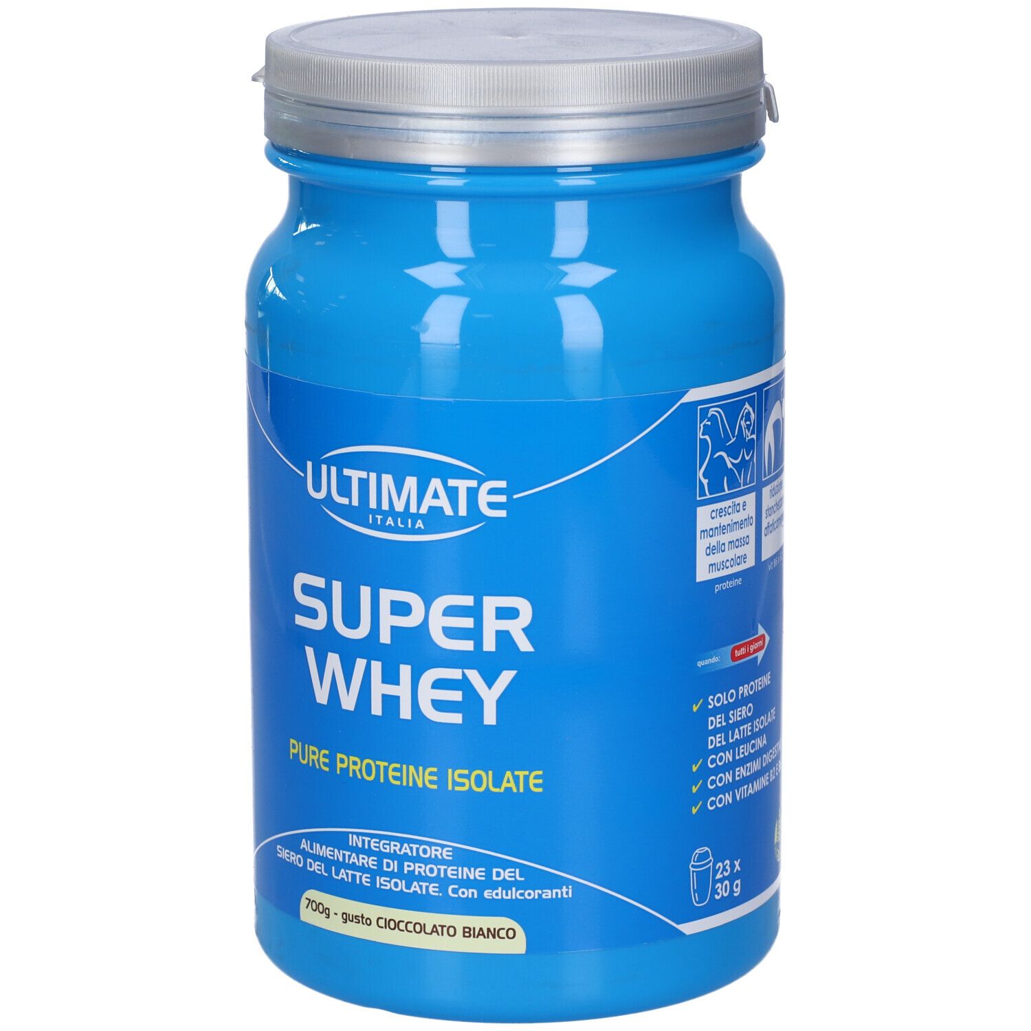 Barattolo blu con coperchio argentato. Scritta: ULTIMATE ITALIA, SUPER WHEY, Pure Proteine Isolate. 700g, gusto Cioccolato Bianco.