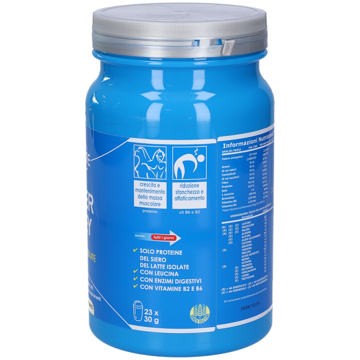 Barattolo blu con coperchio argentato. Scritta: ULTIMATE ITALIA, SUPER WHEY, Pure Proteine Isolate. 700g, gusto Cioccolato Bianco.