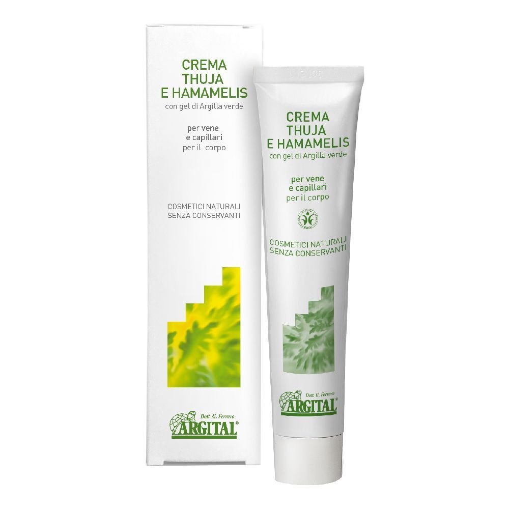 Tubo e scatola di crema. Scritta: Crema Thuja E Hamamelis. Logo Argital. Cosmetici naturali.