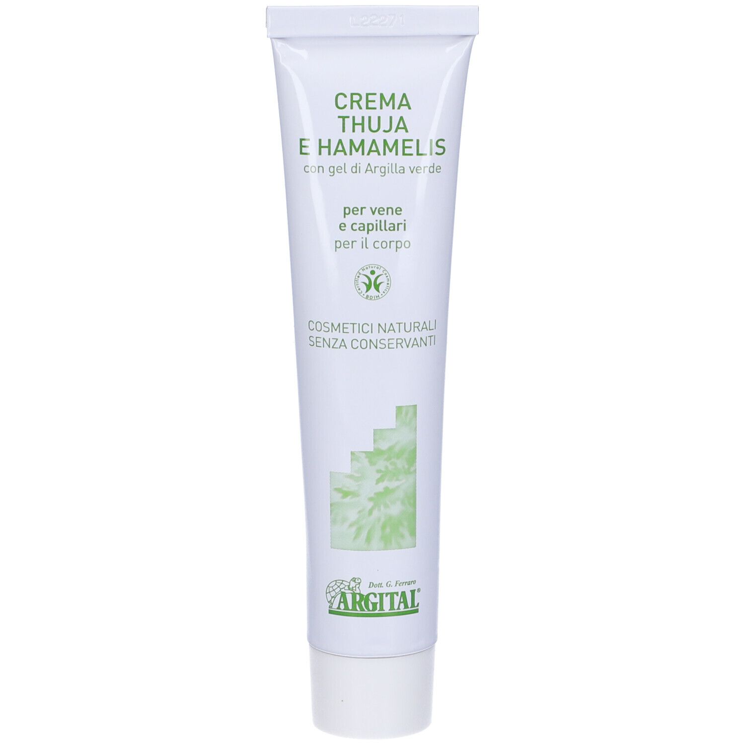 Tubo di crema. Scritta: Crema Thuja E Hamamelis. Logo Argital. Cosmetici naturali. Sfondo bianco.