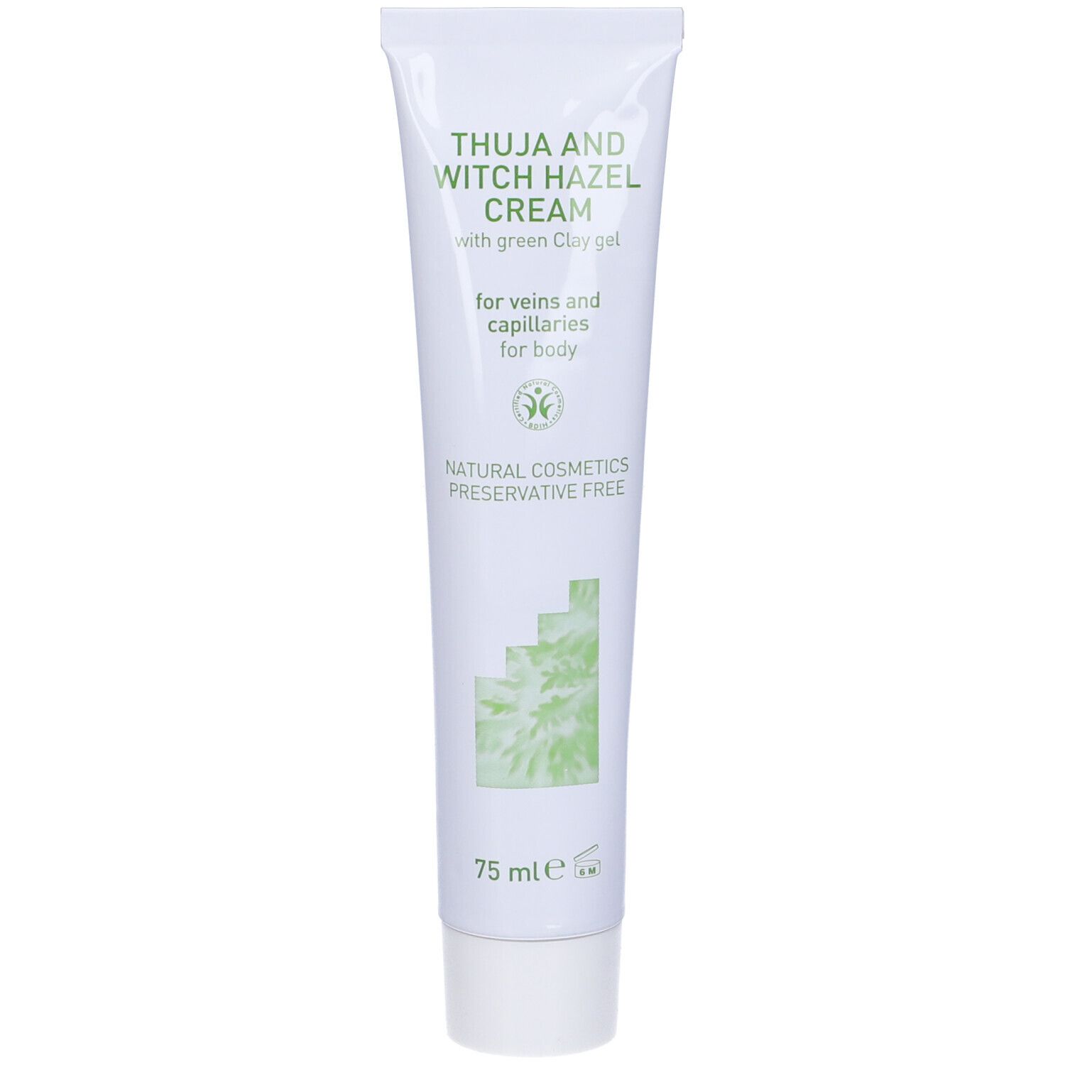Tubo di crema. Scritta: Thuja and Witch Hazel Cream. Gel di argilla verde. 75 ml. Sfondo bianco.
