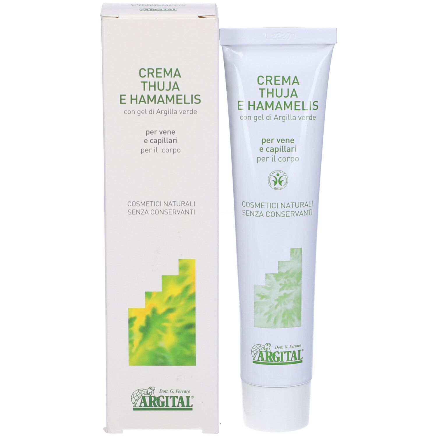 Tubo e scatola di crema. Scritta: Crema Thuja E Hamamelis. Logo Argital. Cosmetici naturali.