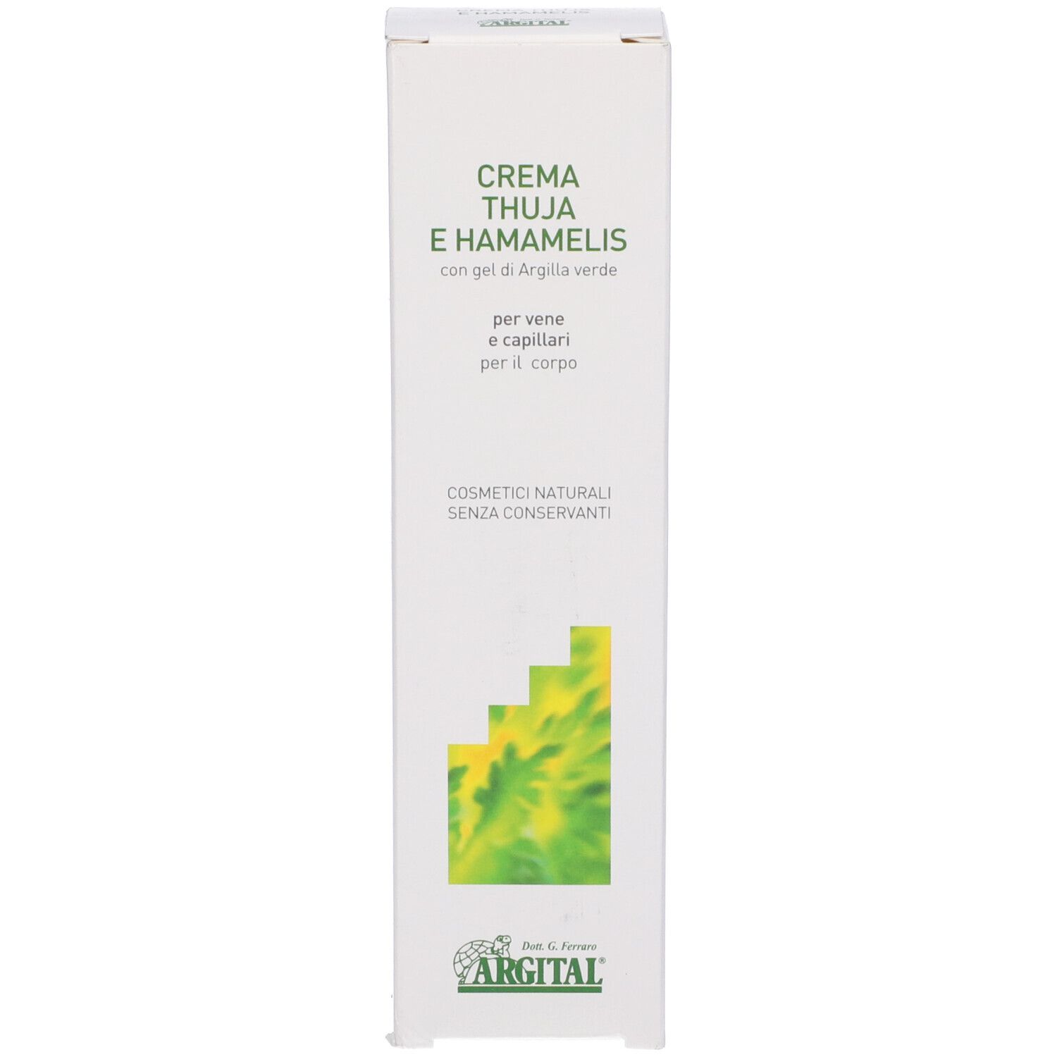 Scatola. Scritta: Crema Thuja E Hamamelis. Logo Argital. Cosmetici naturali. Sfondo bianco.