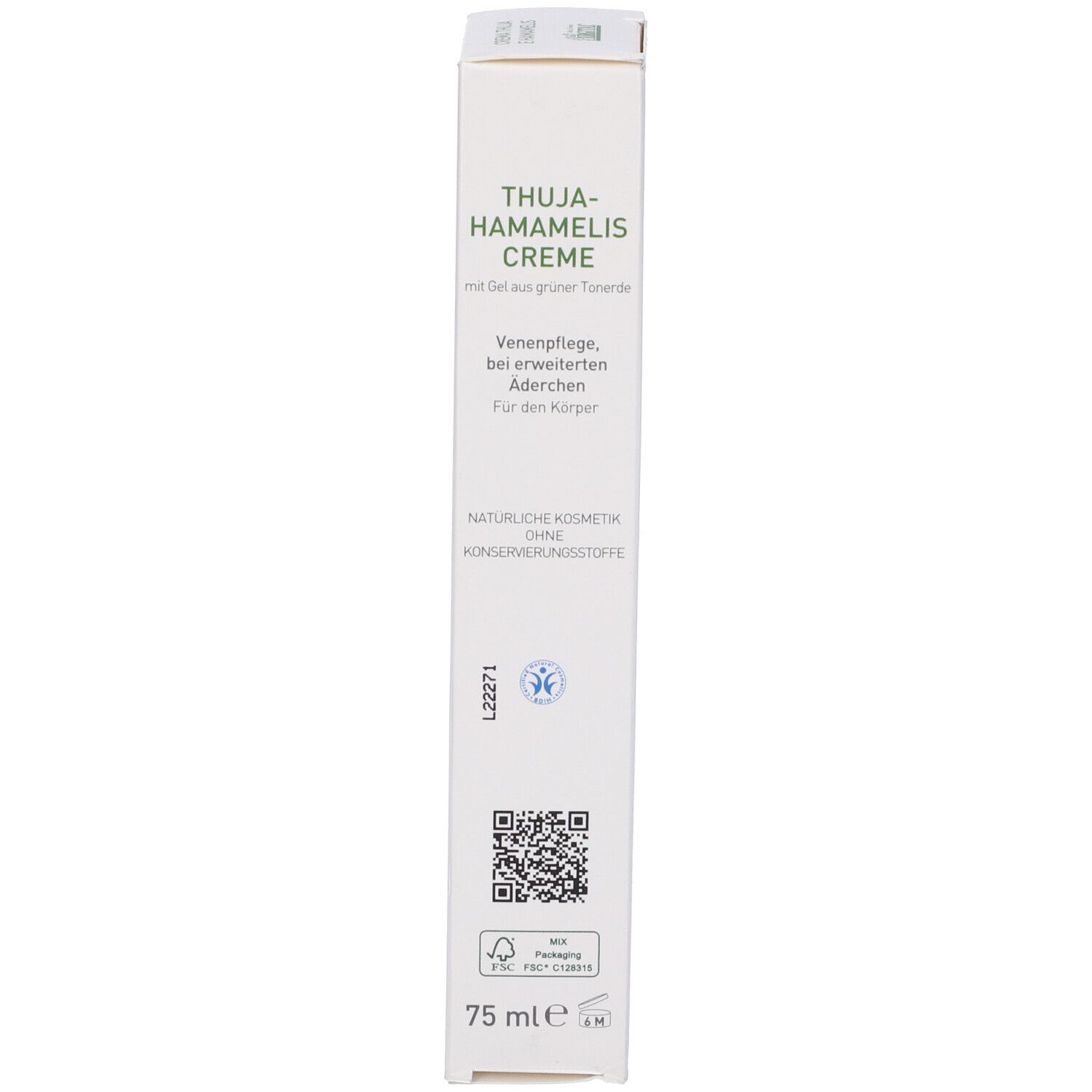 Scatola. Scritta: Thuja-Hamamelis Creme. 75 ml. Cosmetici naturali. Codice QR. Logo riciclo.