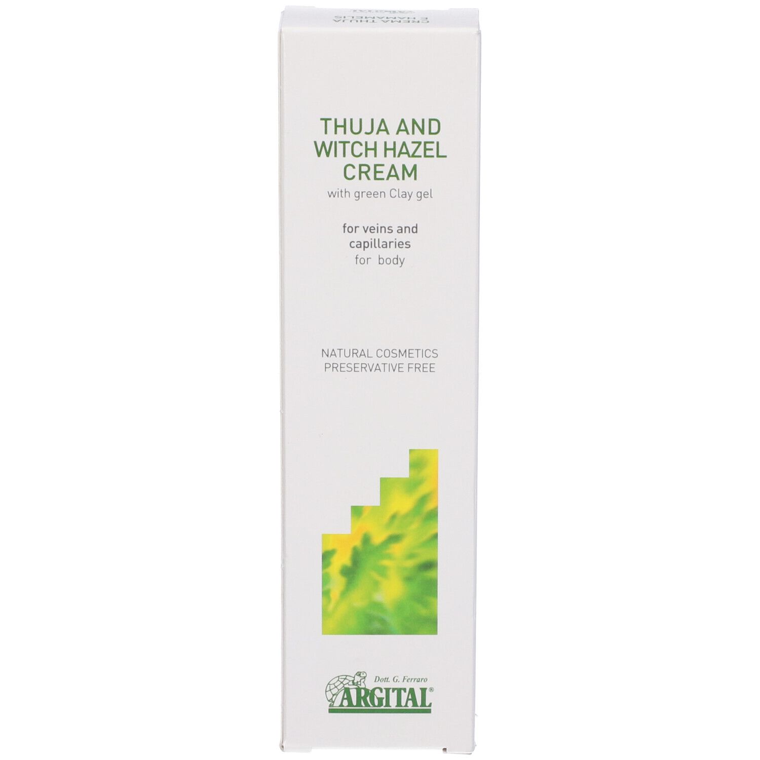 Scatola. Scritta: Thuja and Witch Hazel Cream. Logo Argital. Cosmetici naturali. Sfondo bianco.