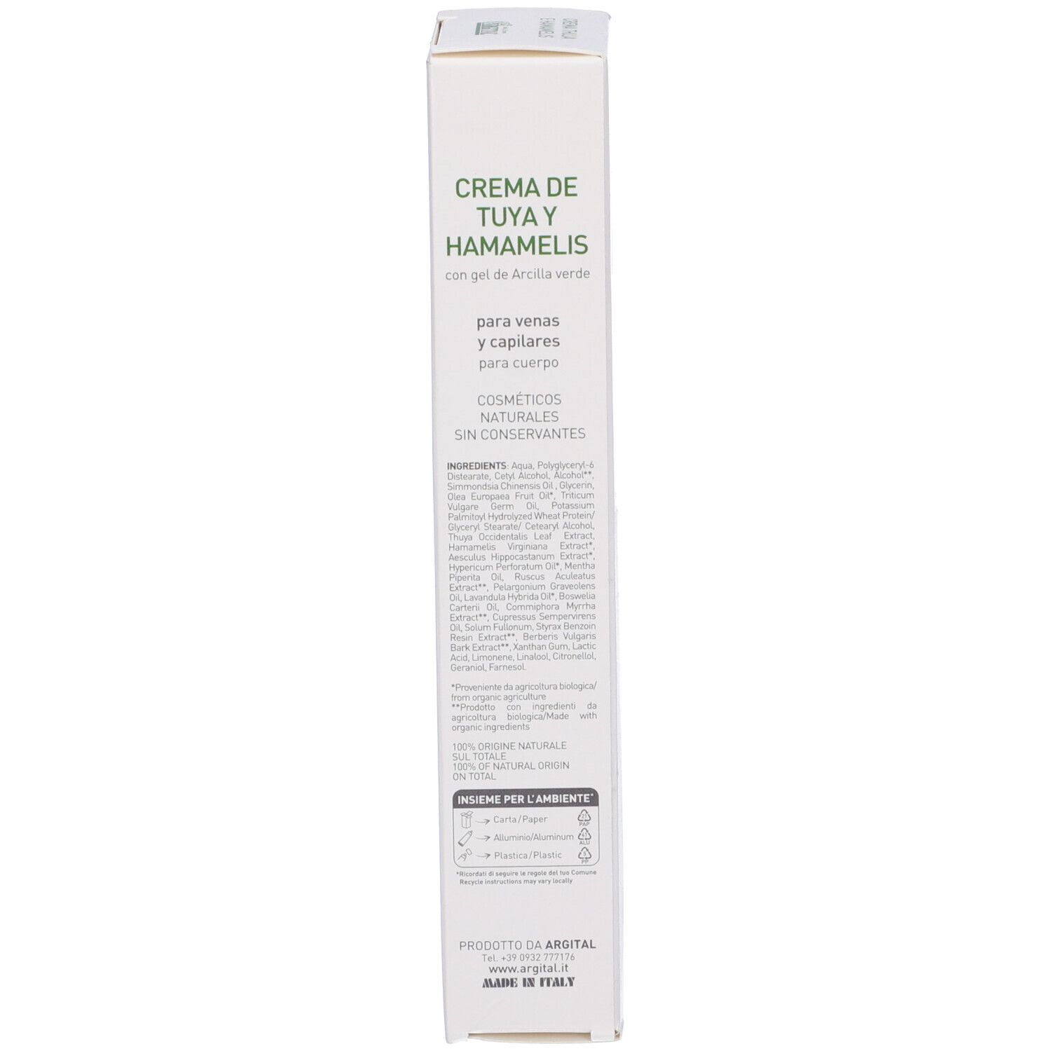 Scatola. Scritta: Crema de Tuya y Hamamelis. Ingredienti. Logo Argital. Prodotto in Italia.