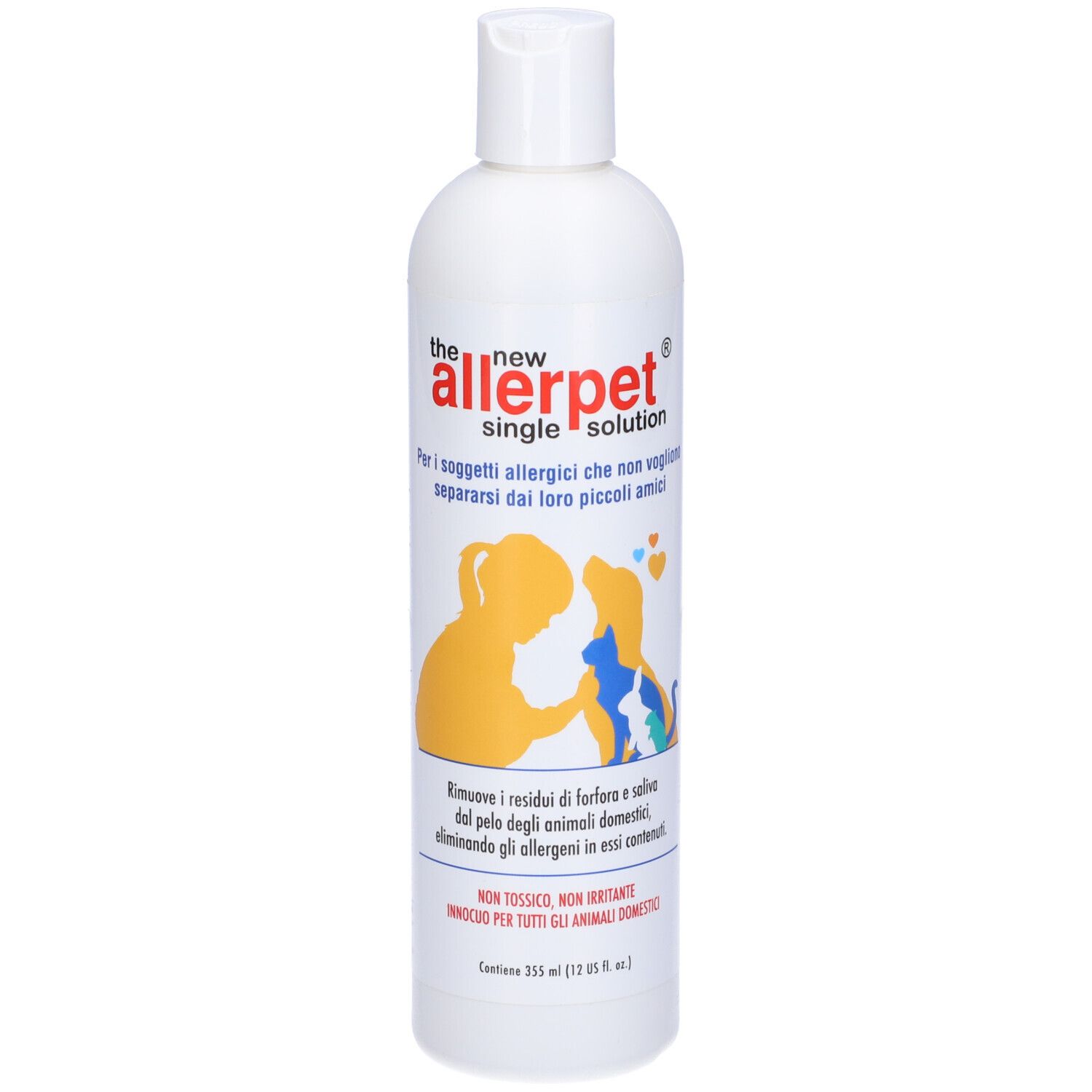Flacone bianco con etichetta Allerpet. Silhouette gialla di persona e cane. Testo: Allerpet, soluzione singola.