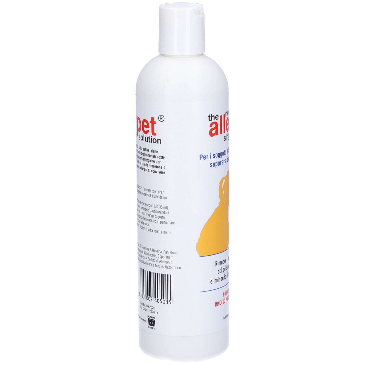 Flacone bianco con etichetta Allerpet. Silhouette gialla di persona e cane. Testo: Allerpet, soluzione singola.