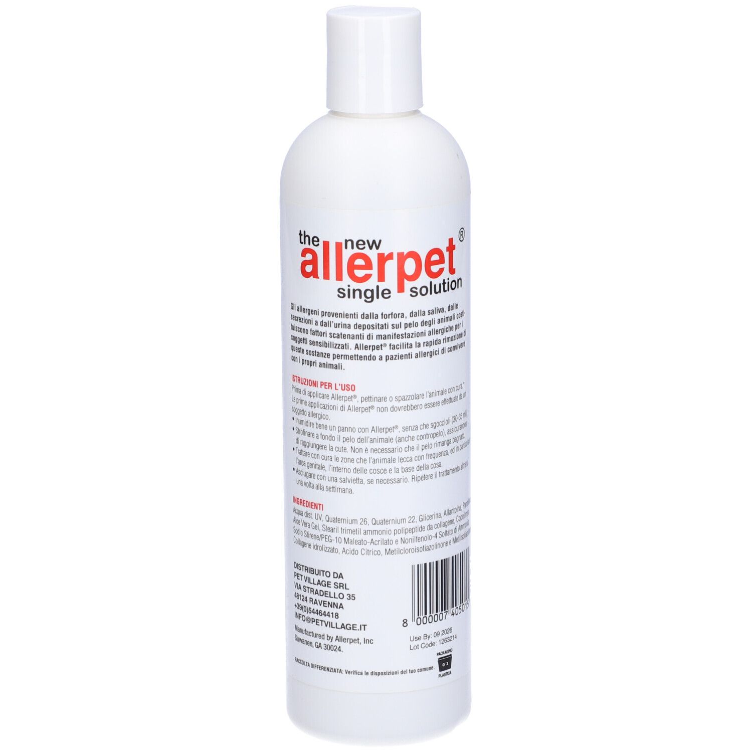 Flacone bianco con etichetta Allerpet. Silhouette gialla di persona e cane. Testo: Allerpet, soluzione singola.