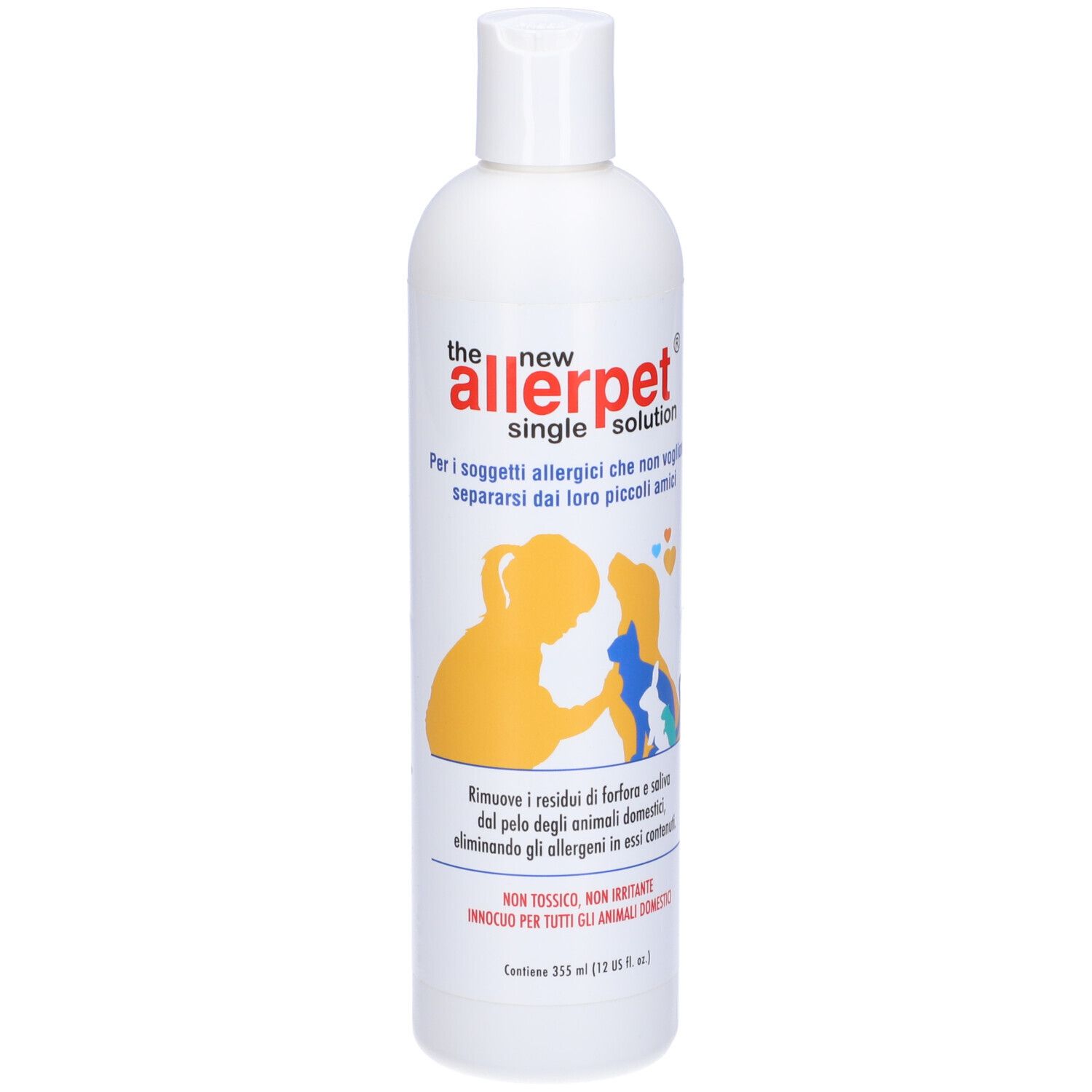 Flacone bianco con etichetta Allerpet. Silhouette gialla di persona e cane. Testo: Allerpet, soluzione singola.