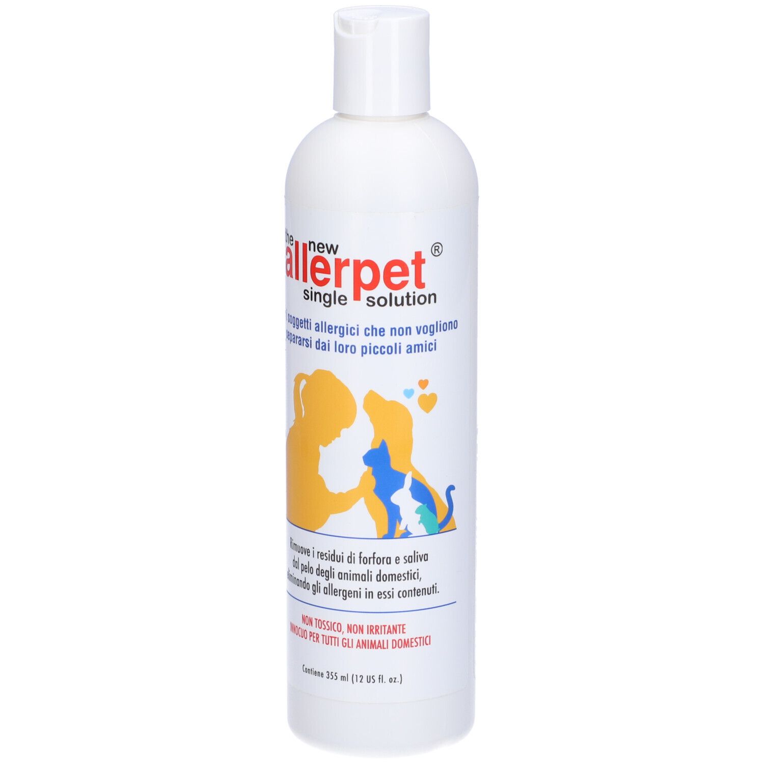 Flacone bianco con etichetta Allerpet. Silhouette gialla di persona e cane. Testo: Allerpet, soluzione singola.