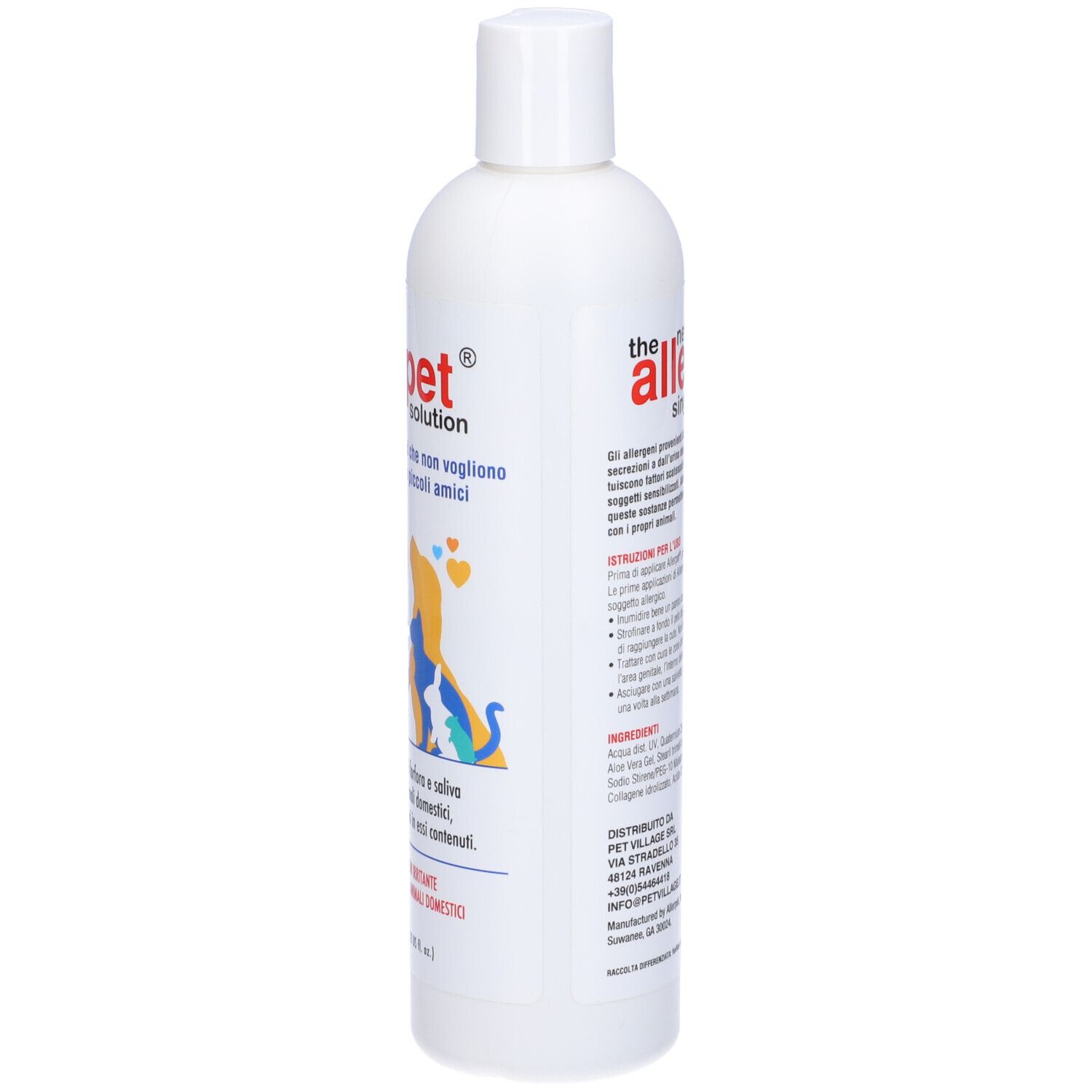 Flacone bianco con etichetta Allerpet. Testo e illustrazioni sul retro. Testo: Allerpet, soluzione singola.