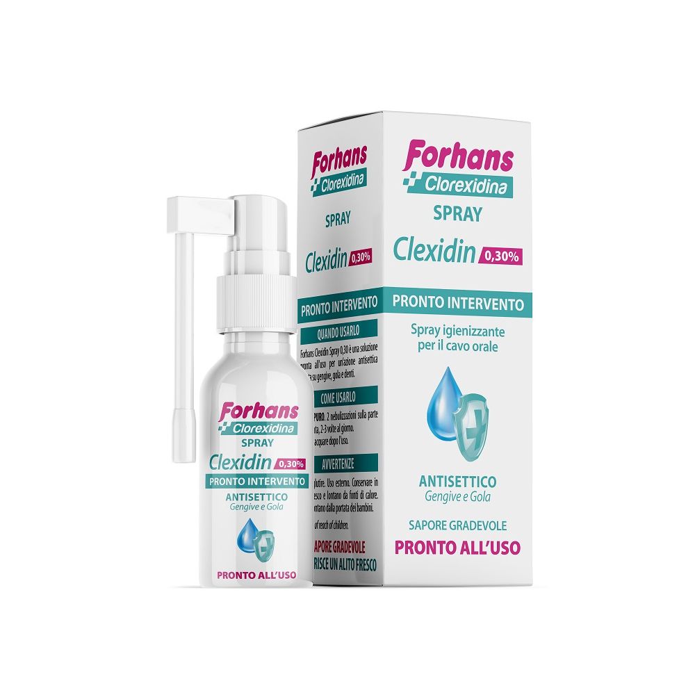 Forhans Clexidin 0,30% Spray mit Verpackung. Weißes Spray mit Sprühkopf und Verpackung mit Produktinformationen.