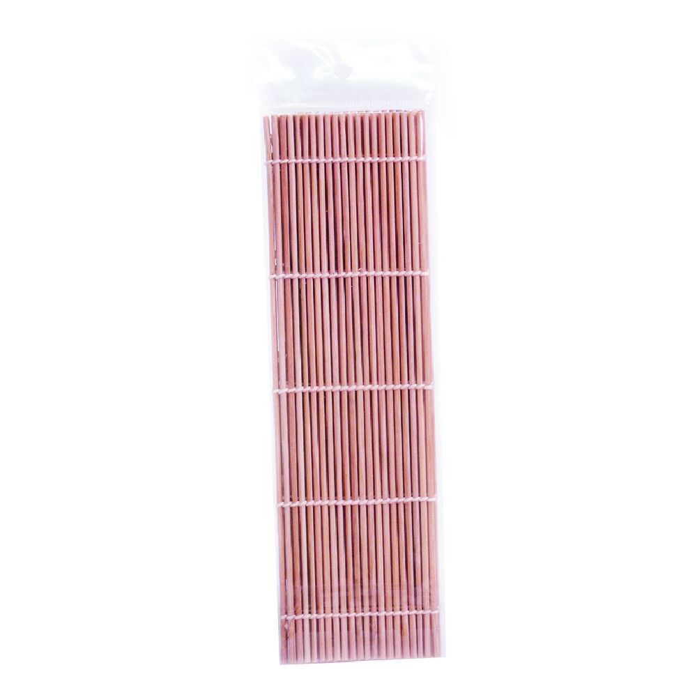 Stuoia in bambù in confezione di plastica. Bacchette di bambù rosa collegate da fili.