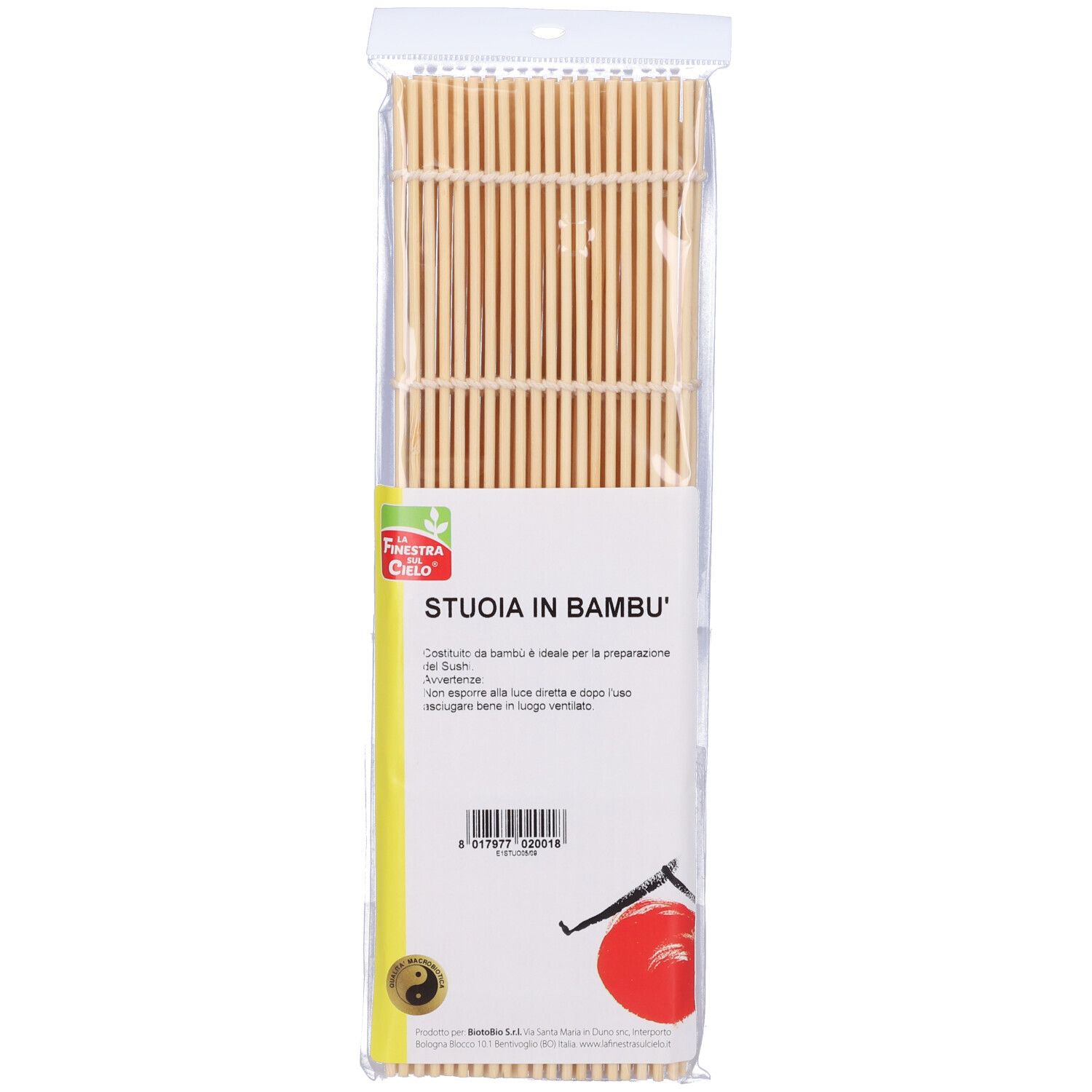 Stuoia in bambù in confezione di plastica. Bacchette di bambù naturali, con informazioni sul prodotto.