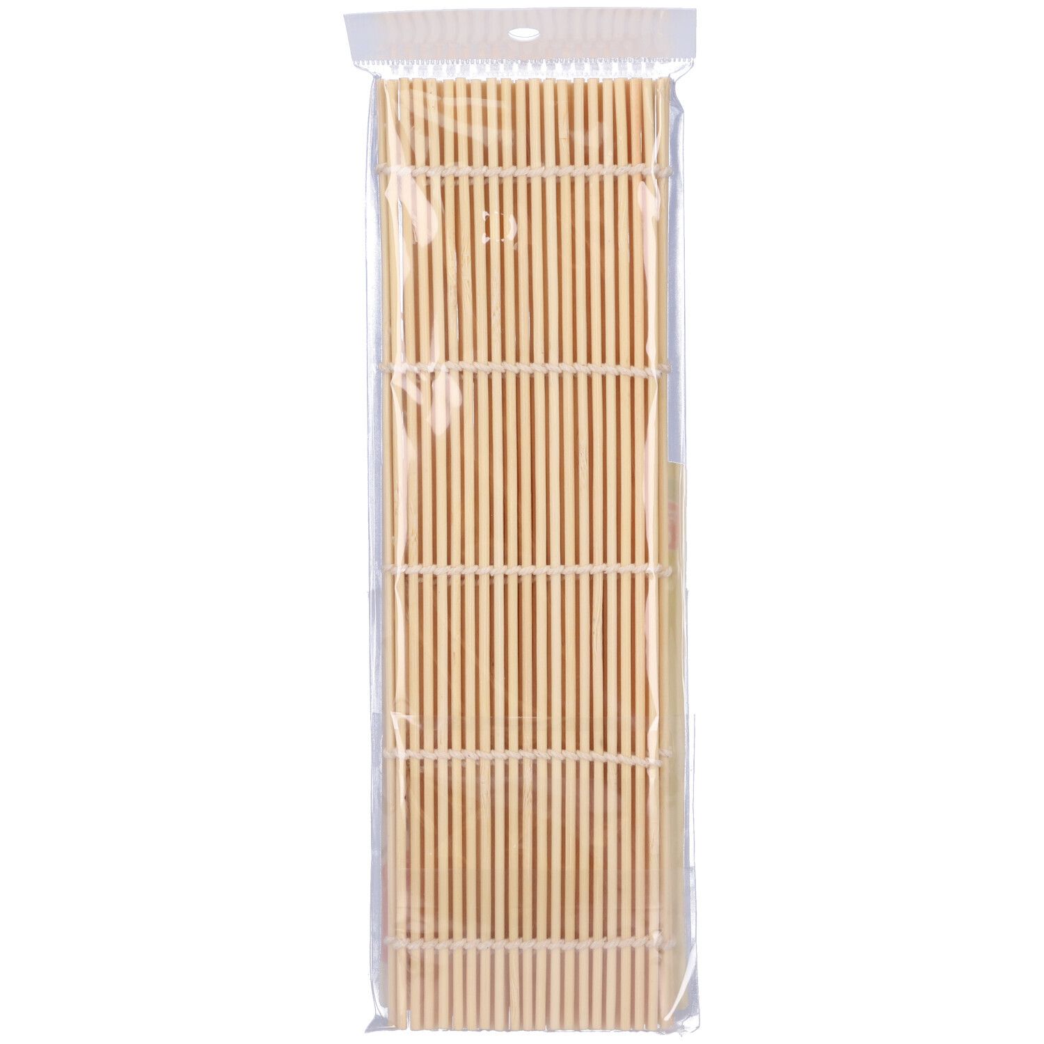 Stuoia in bambù in confezione di plastica. Bacchette di bambù naturali collegate da fili.