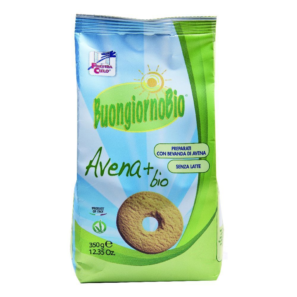 Confezione di biscotti. Scritta: Buongiornobio Avena+bio, senza latte. Un biscotto è raffigurato.